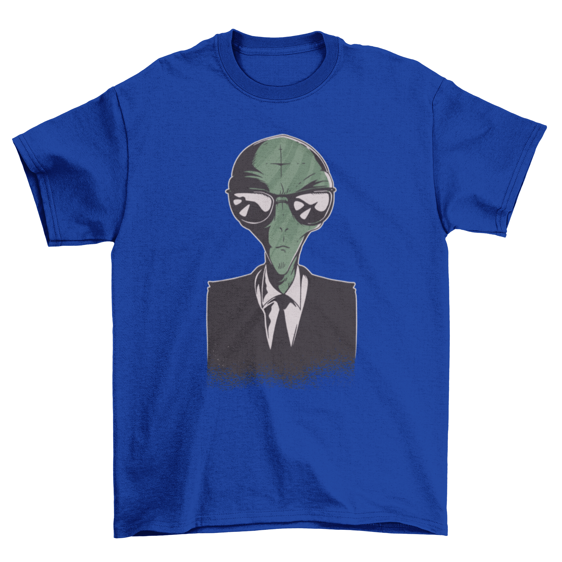 A stylish T-shirt featuring a cartoon alien dressed in a formal suit, showcasing a fun and unique design.