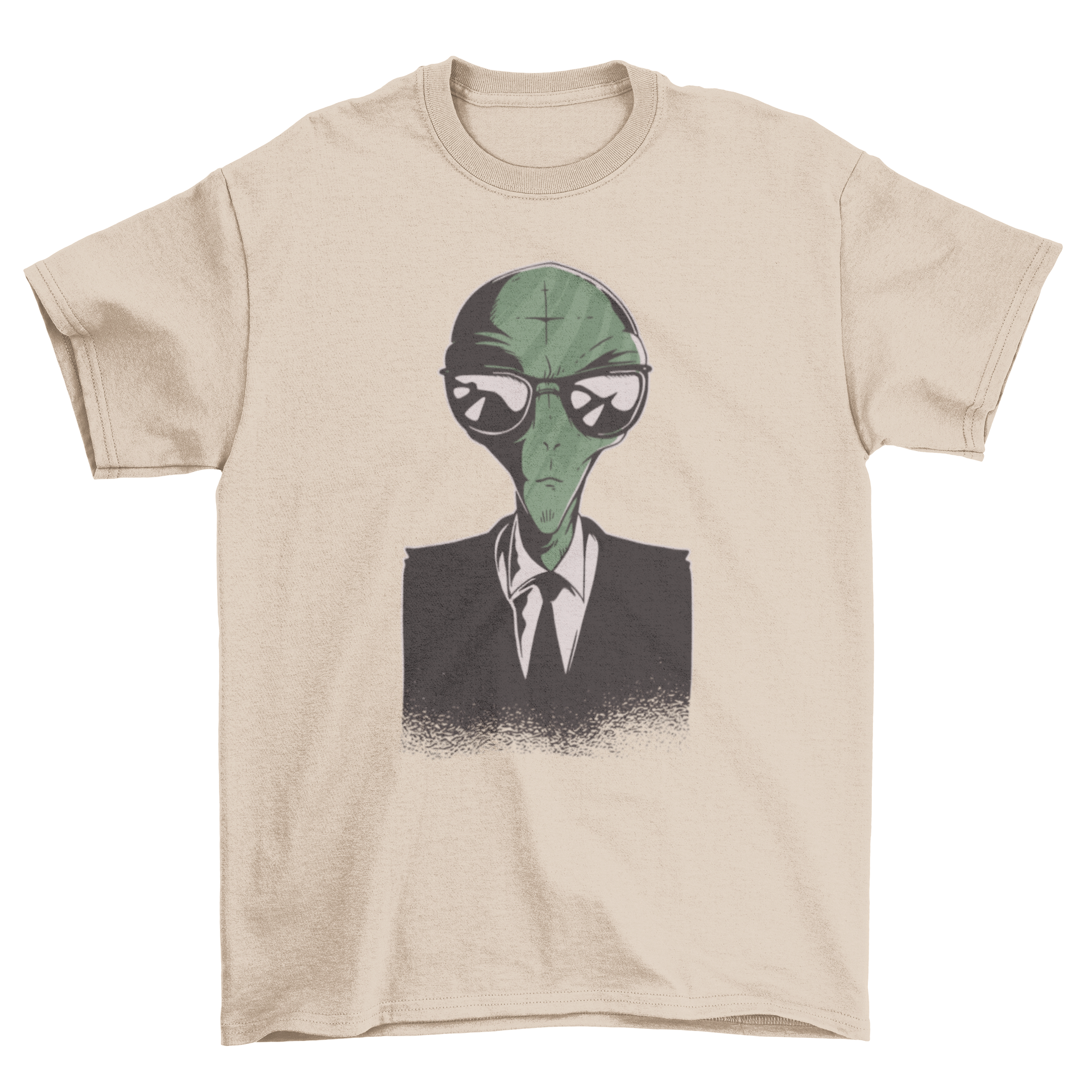 A stylish T-shirt featuring a cartoon alien dressed in a formal suit, showcasing a fun and unique design.