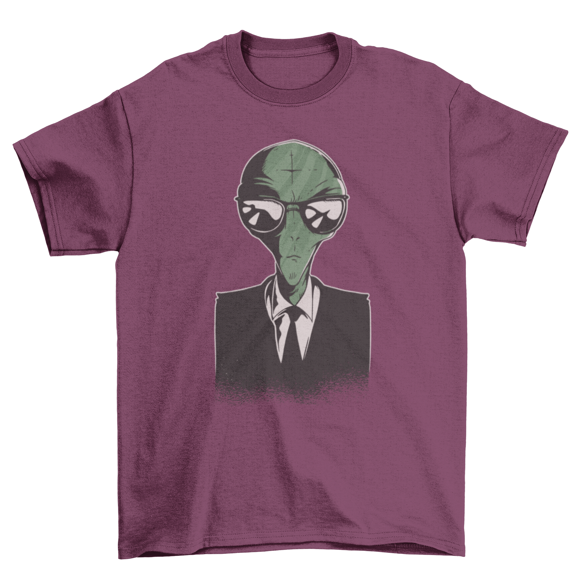 A stylish T-shirt featuring a cartoon alien dressed in a formal suit, showcasing a fun and unique design.