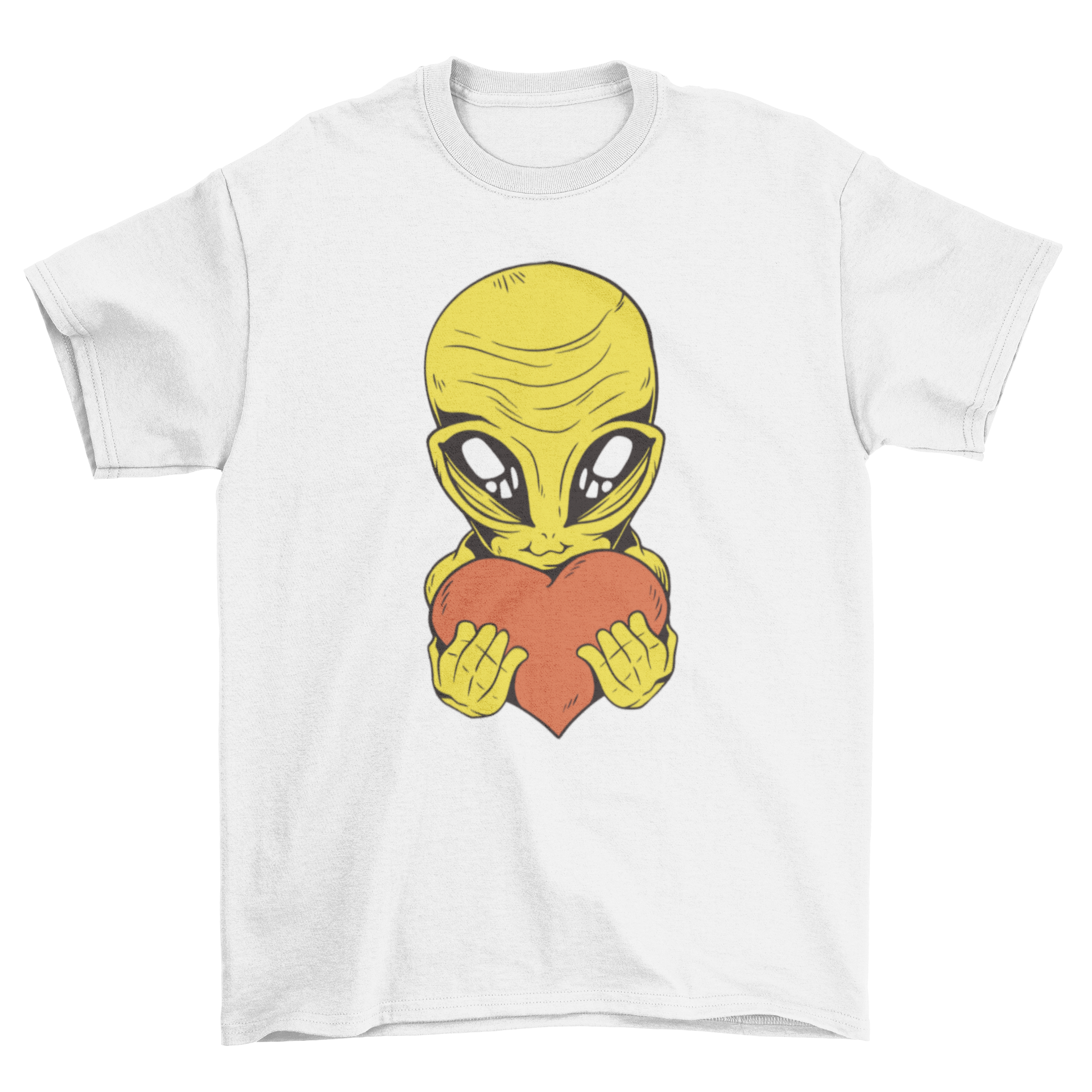 A cute t-shirt featuring a smiling alien holding a heart, showcasing a playful and colorful design.