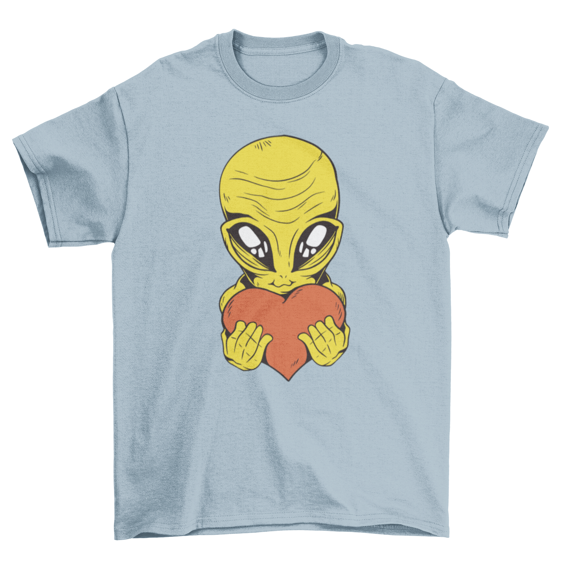 A cute t-shirt featuring a smiling alien holding a heart, showcasing a playful and colorful design.