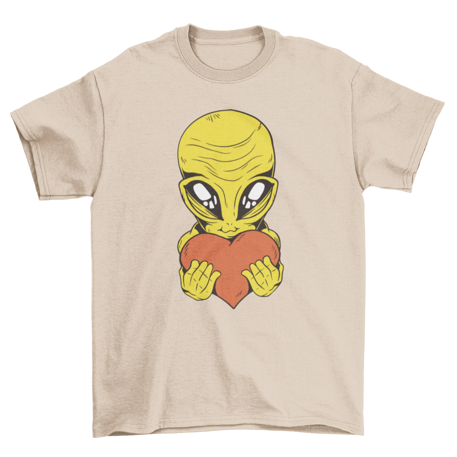 A cute t-shirt featuring a smiling alien holding a heart, showcasing a playful and colorful design.