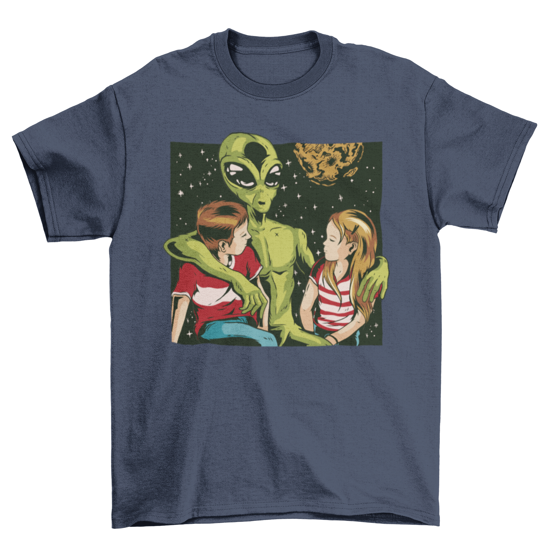 Talk to Strangers T-shirt featuring a vintage green alien illustration with children and humorous text.