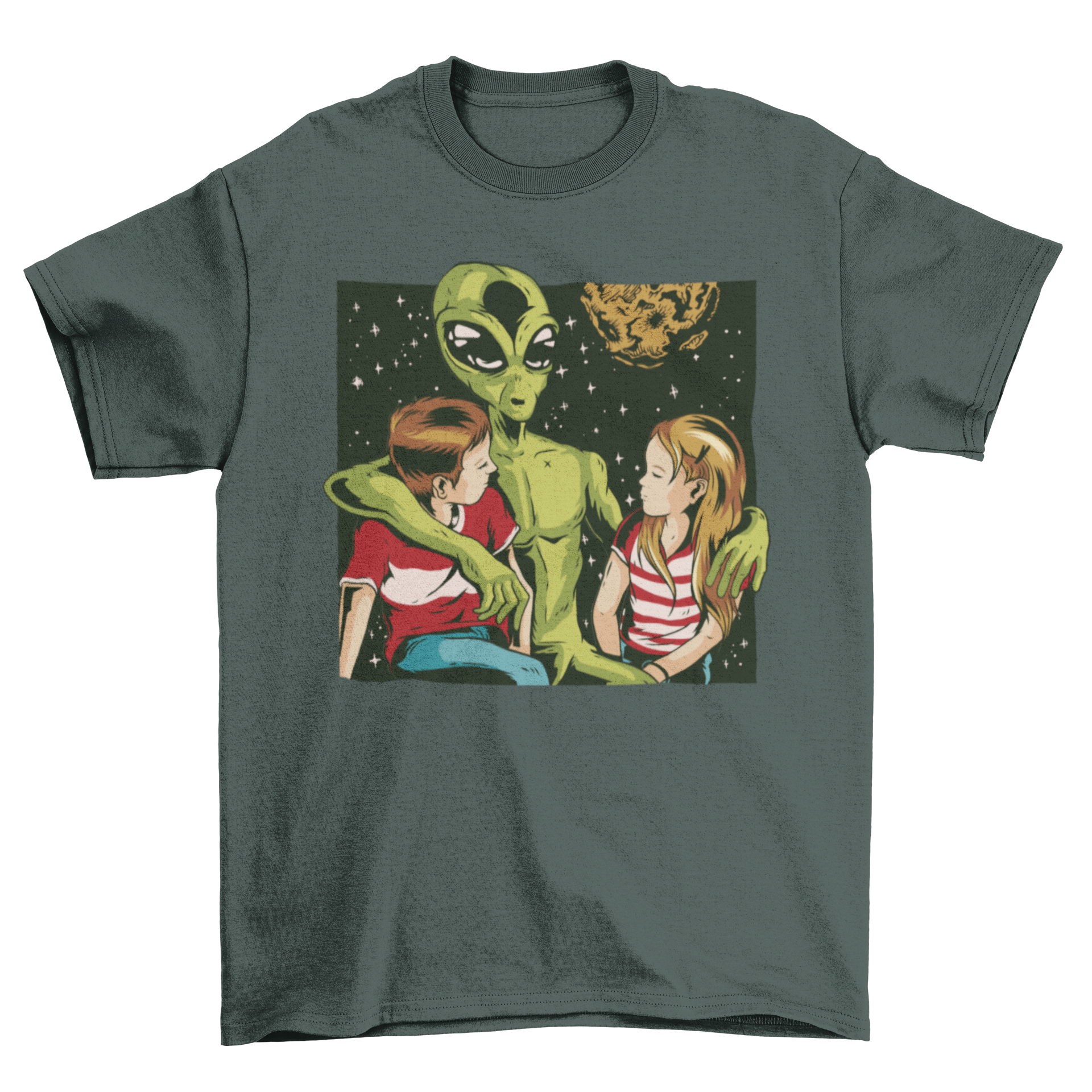 Talk to Strangers T-shirt featuring a vintage green alien illustration with children and humorous text.