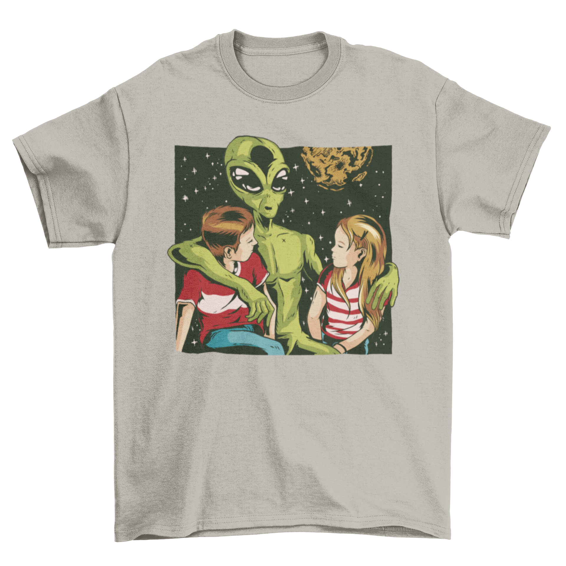 Talk to Strangers T-shirt featuring a vintage green alien illustration with children and humorous text.