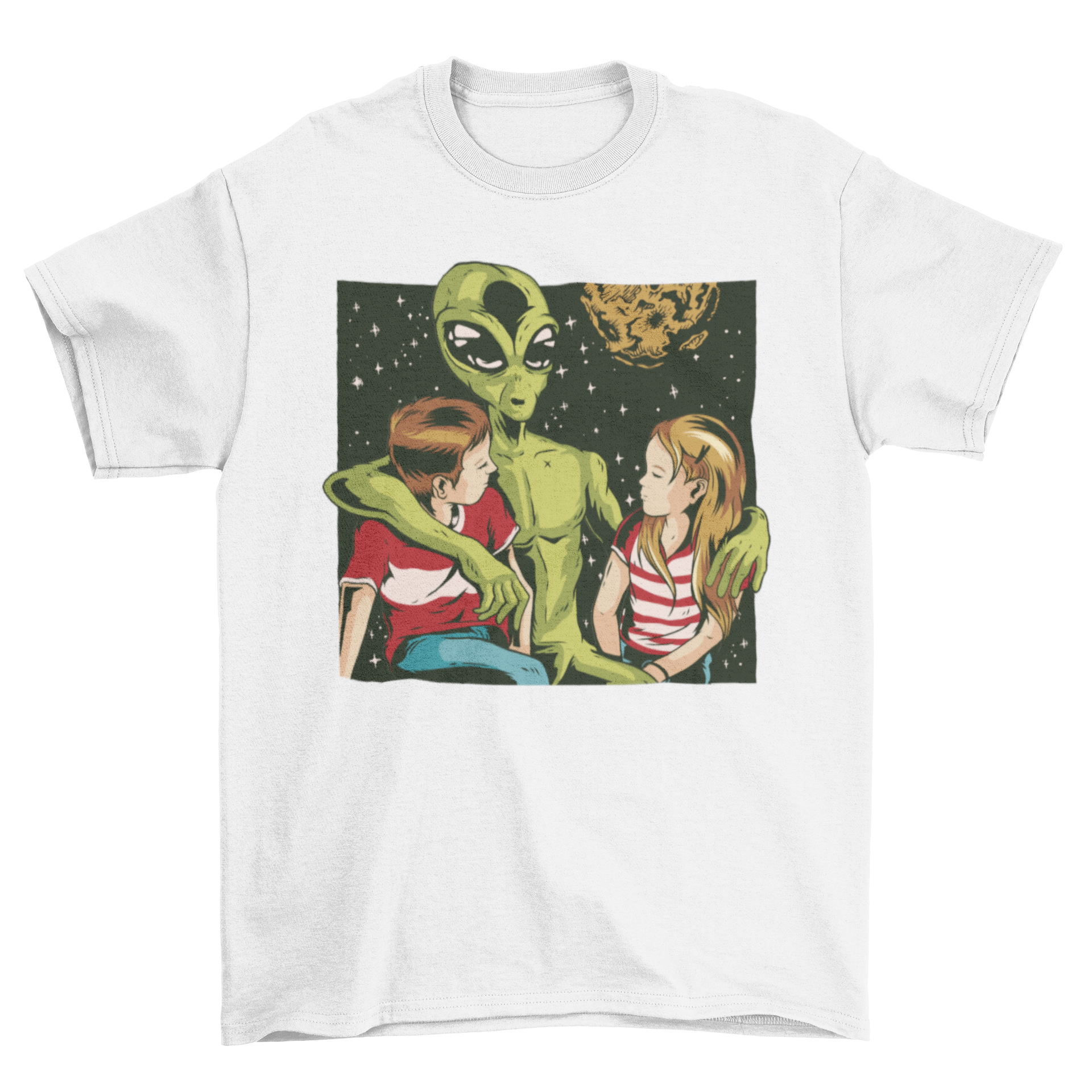 Talk to Strangers T-shirt featuring a vintage green alien illustration with children and humorous text.