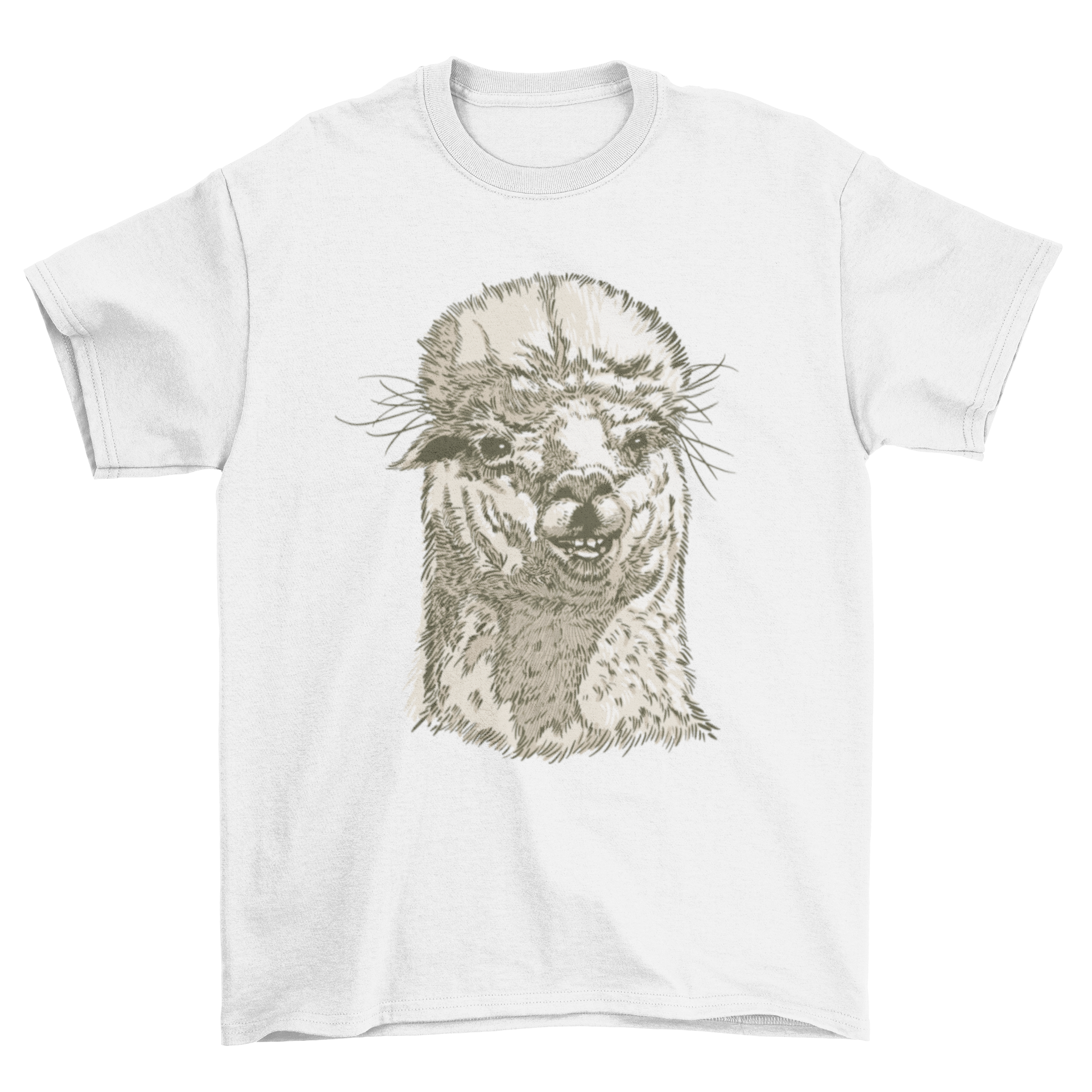 A stylish t-shirt featuring a hand-drawn illustration of an alpaca's face, showcasing its unique design.