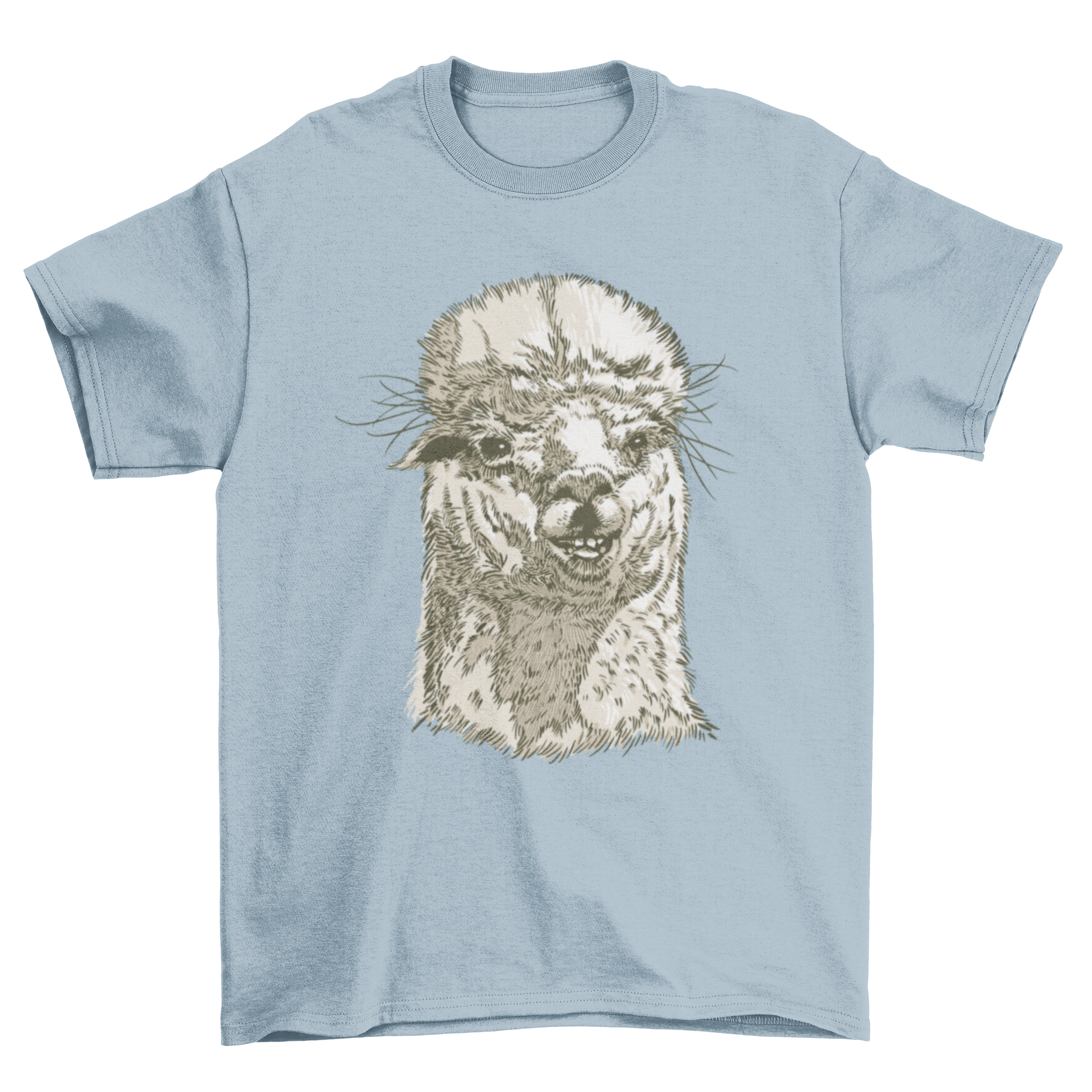 A stylish t-shirt featuring a hand-drawn illustration of an alpaca's face, showcasing its unique design.