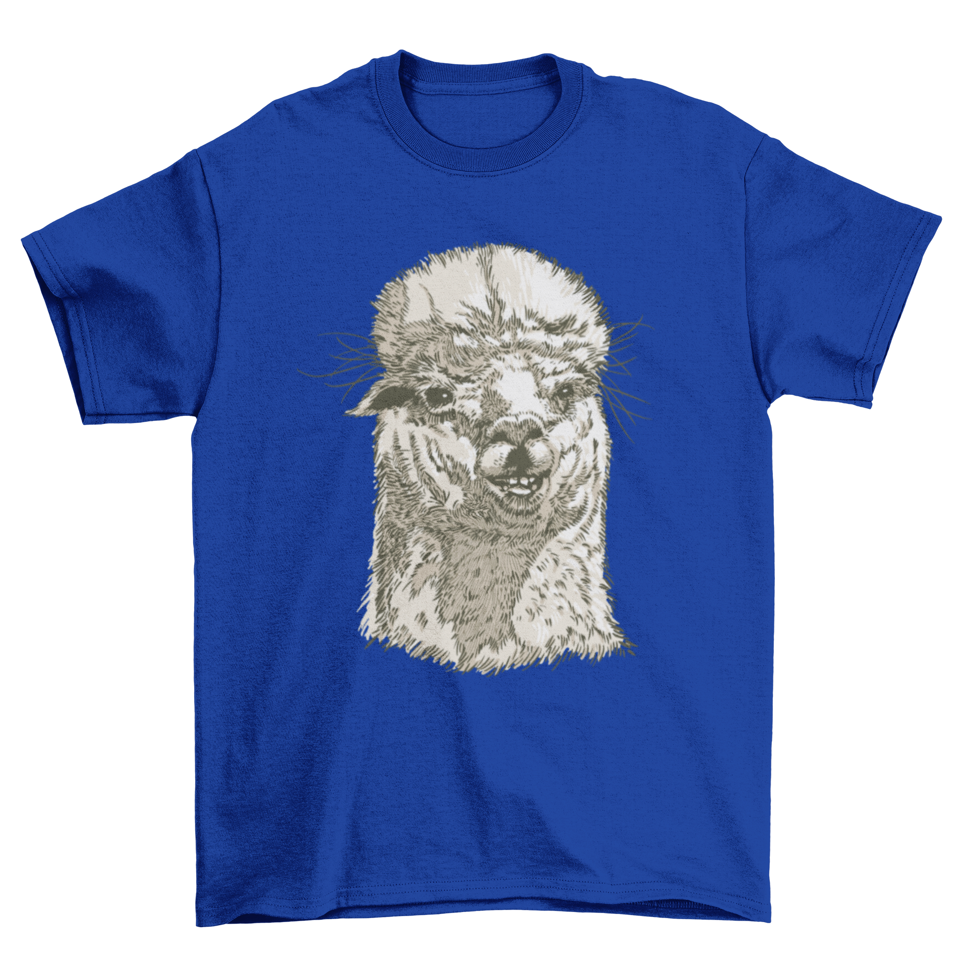 A stylish t-shirt featuring a hand-drawn illustration of an alpaca's face, showcasing its unique design.