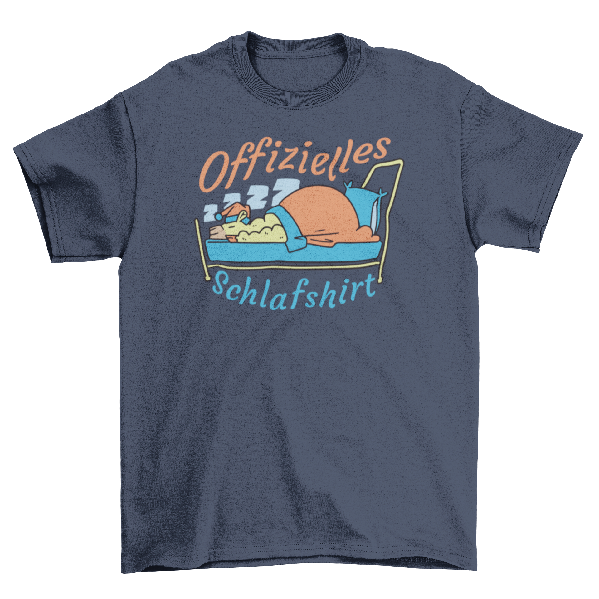 A cute cartoon t-shirt featuring a sleeping alpaca with a quote that says 'Official Sleep Shirt'.