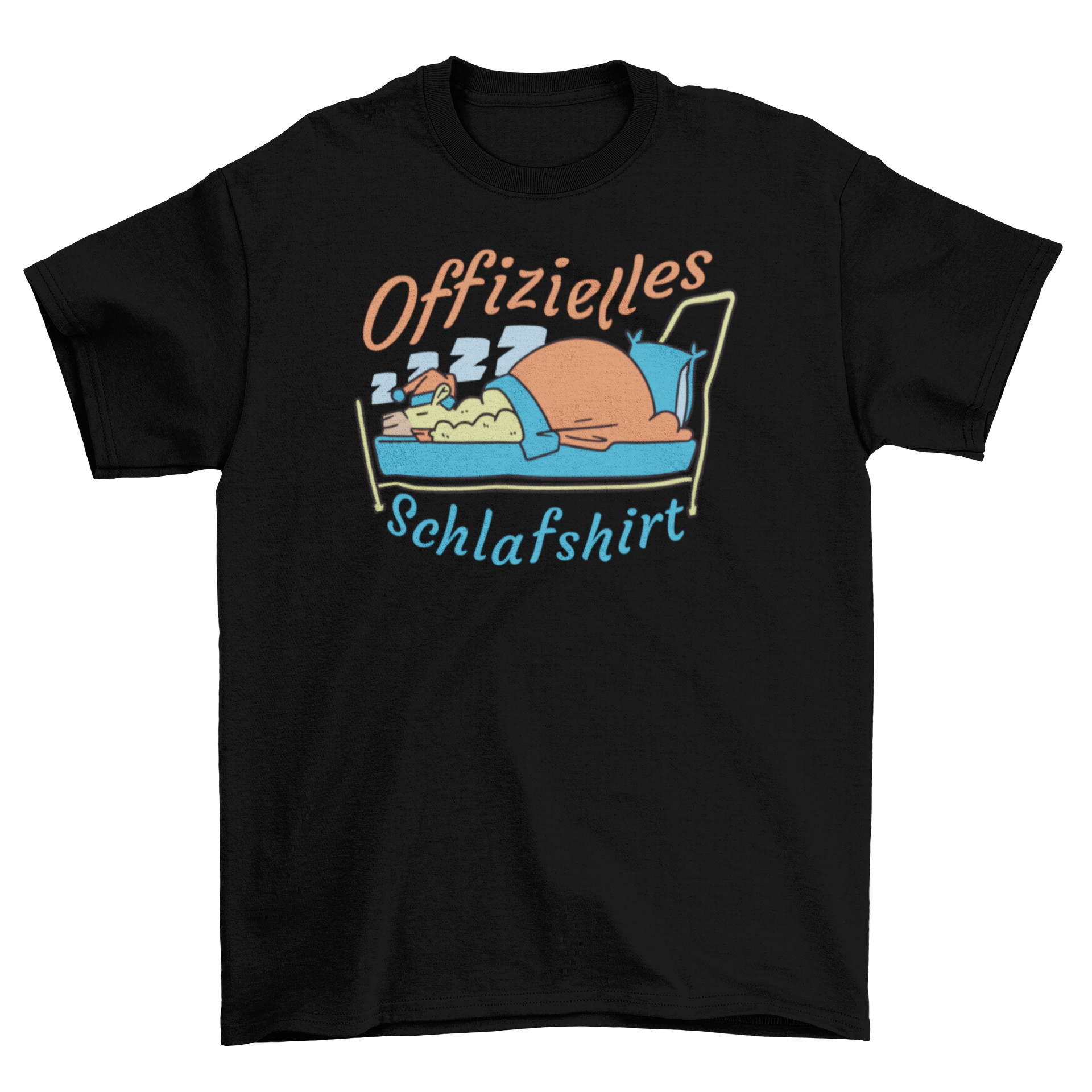 A cute cartoon t-shirt featuring a sleeping alpaca with a quote that says 'Official Sleep Shirt'.