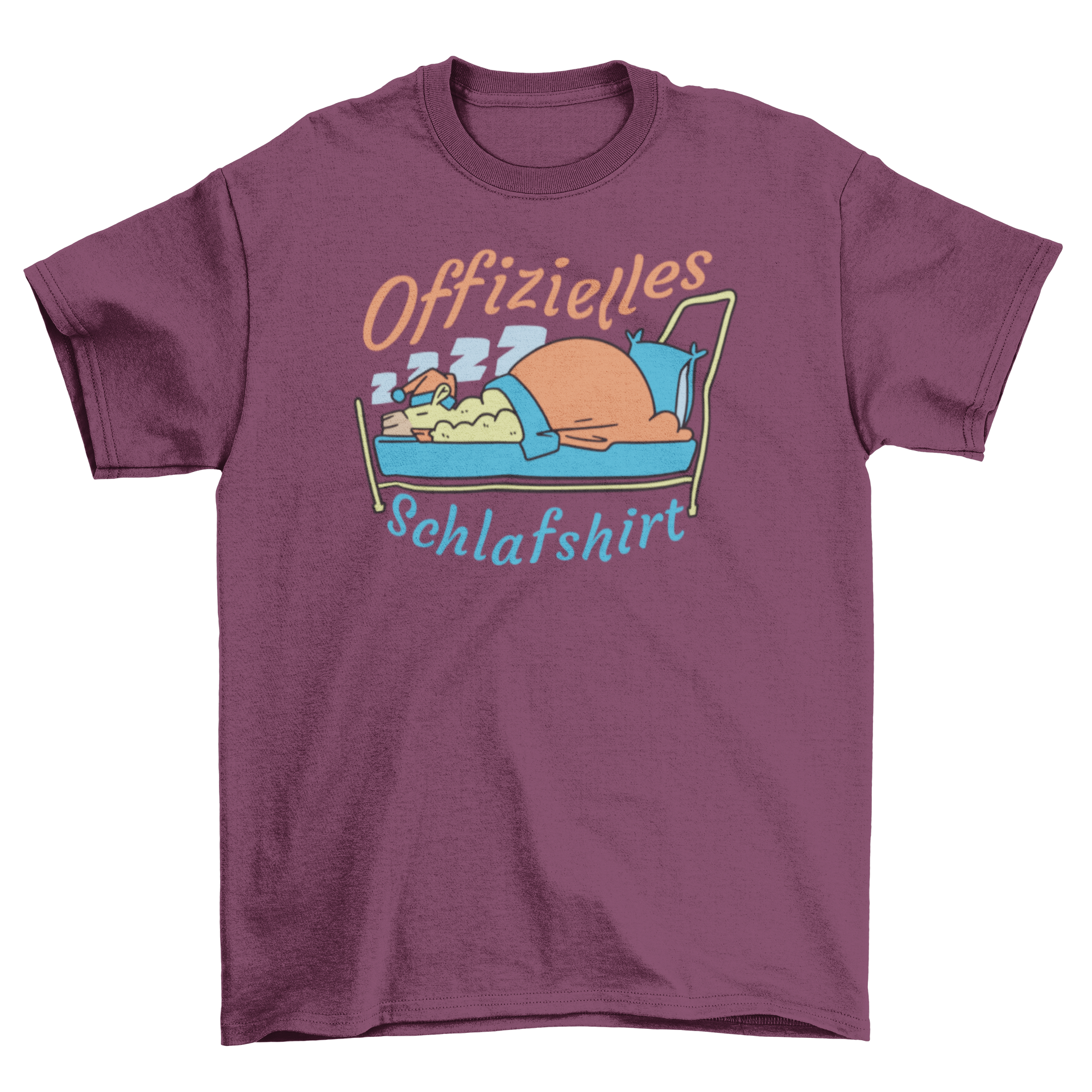 A cute cartoon t-shirt featuring a sleeping alpaca with a quote that says 'Official Sleep Shirt'.