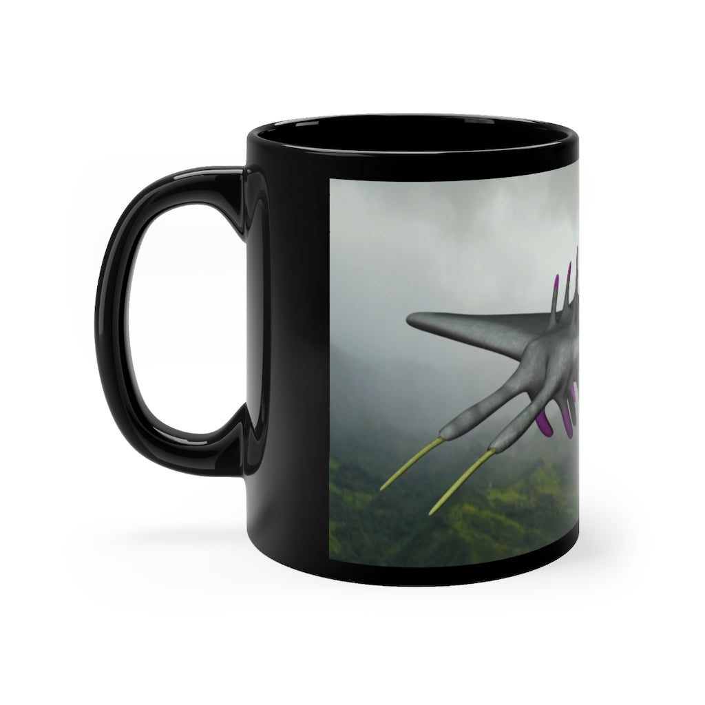 Alpha Creature Black mug, 11oz capacity, featuring a sleek black ceramic design with rounded corners and a comfortable C-handle.