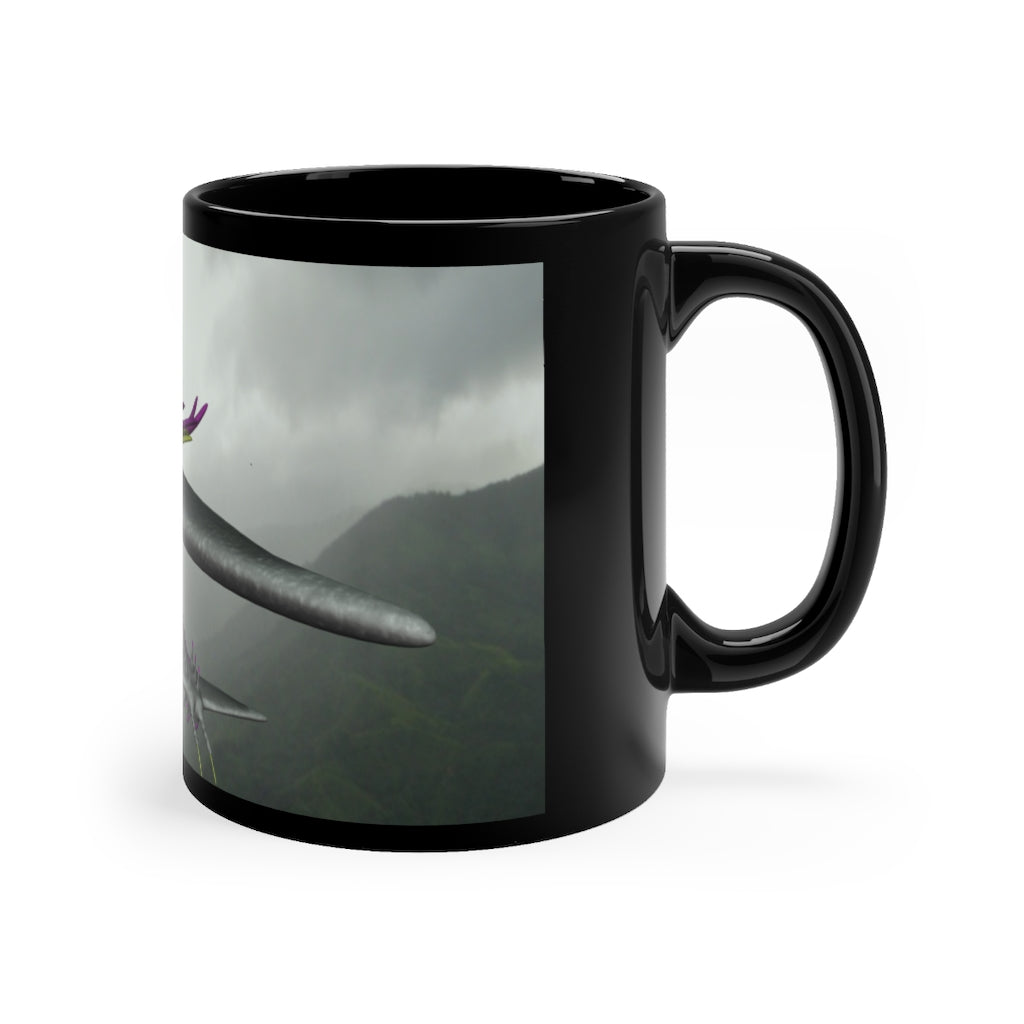 Alpha Creature Black mug, 11oz capacity, featuring a sleek black ceramic design with rounded corners and a comfortable C-handle.