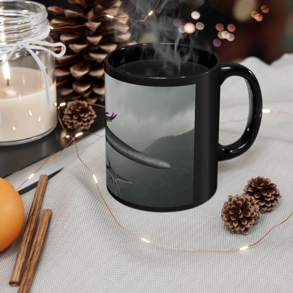 Alpha Creature Black mug, 11oz capacity, featuring a sleek black ceramic design with rounded corners and a comfortable C-handle.