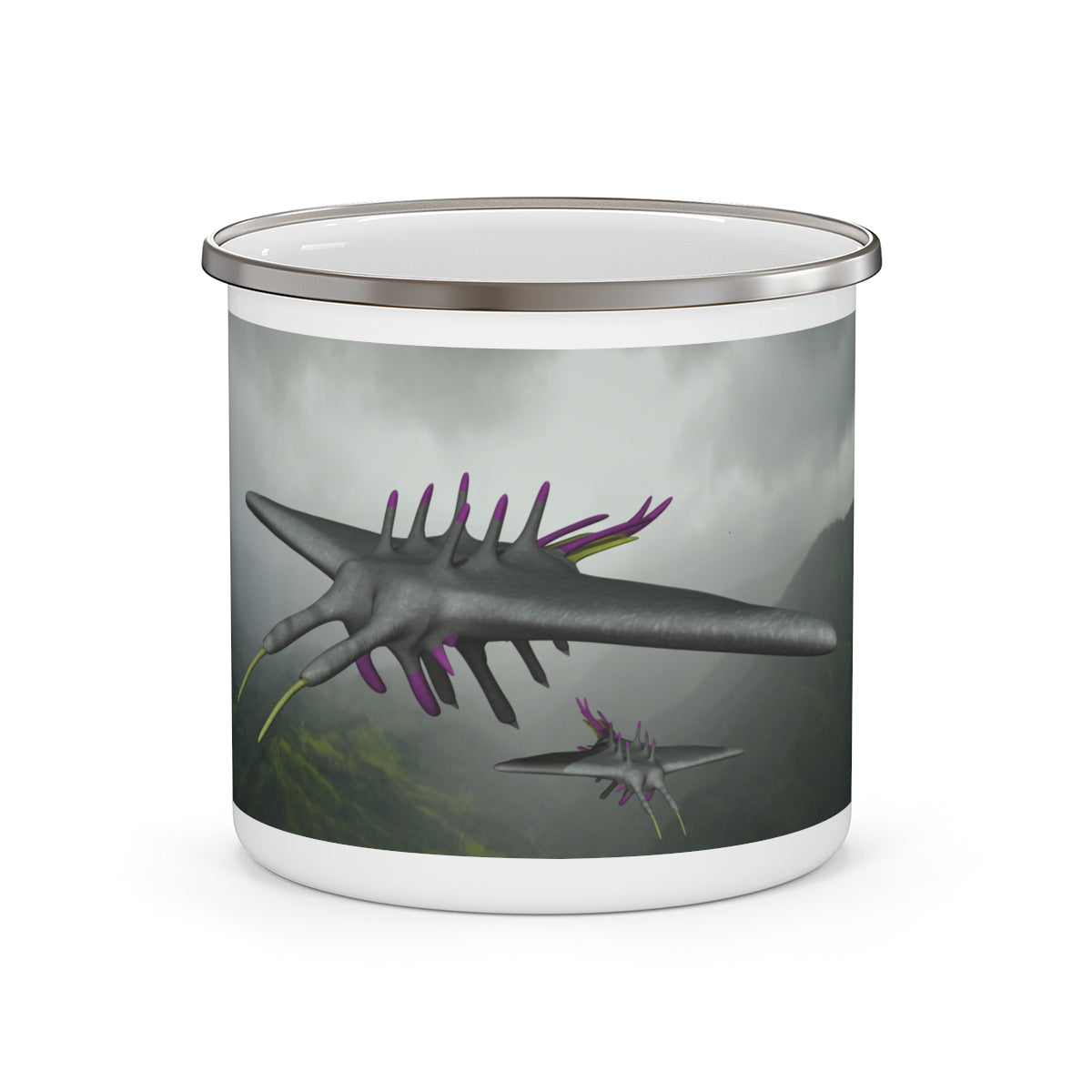 Alpha Creature Enamel Camping Mug with a C-handle, featuring a personalized design and durable enamel finish, perfect for outdoor adventures.