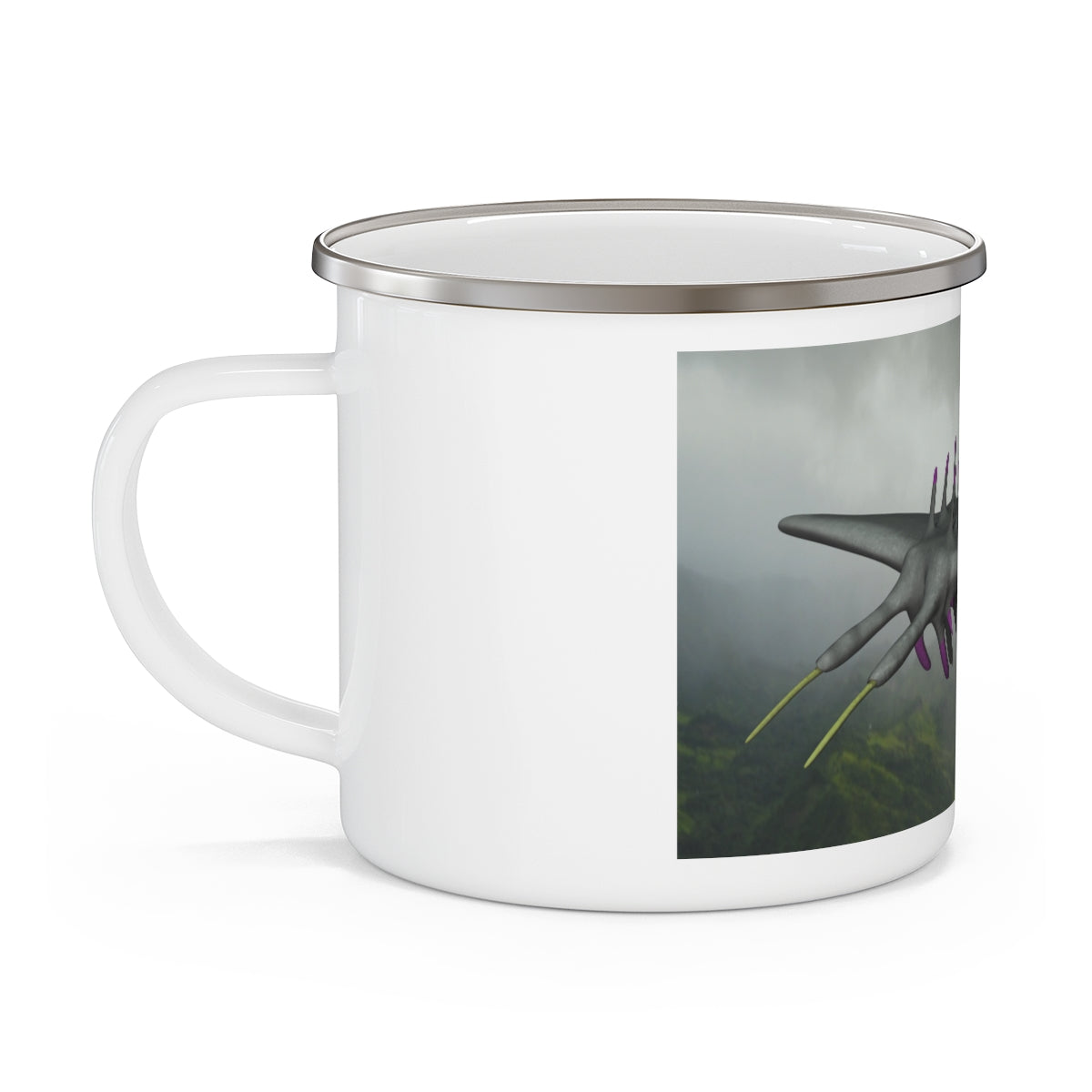 Alpha Creature Enamel Camping Mug with a C-handle, featuring a personalized design and durable enamel finish, perfect for outdoor adventures.