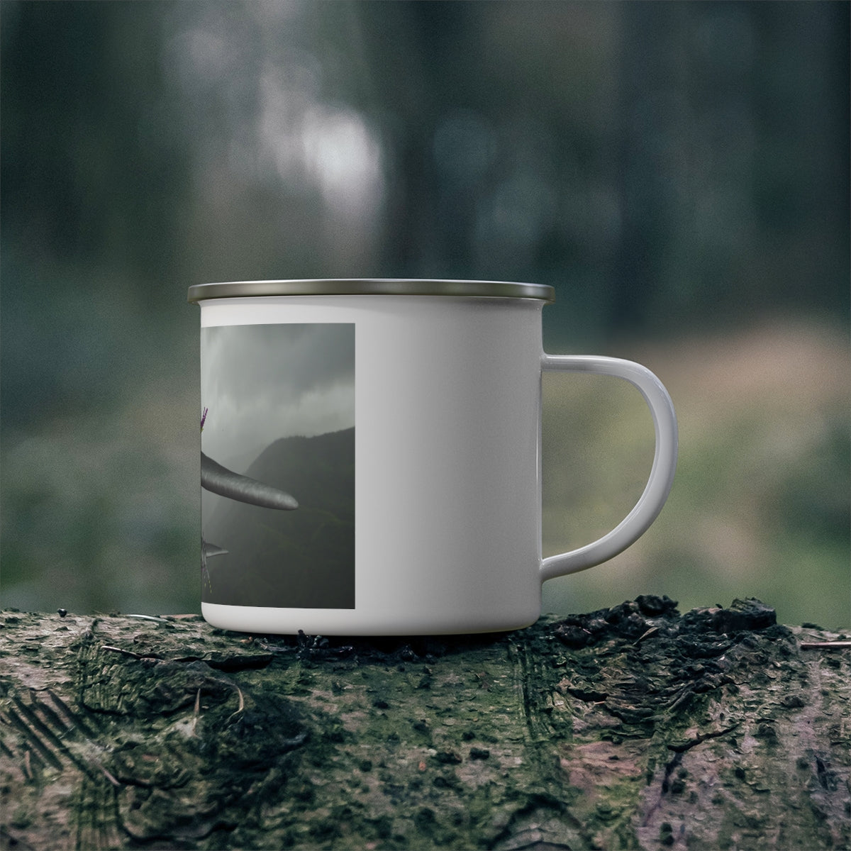 Alpha Creature Enamel Camping Mug with a C-handle, featuring a personalized design and durable enamel finish, perfect for outdoor adventures.