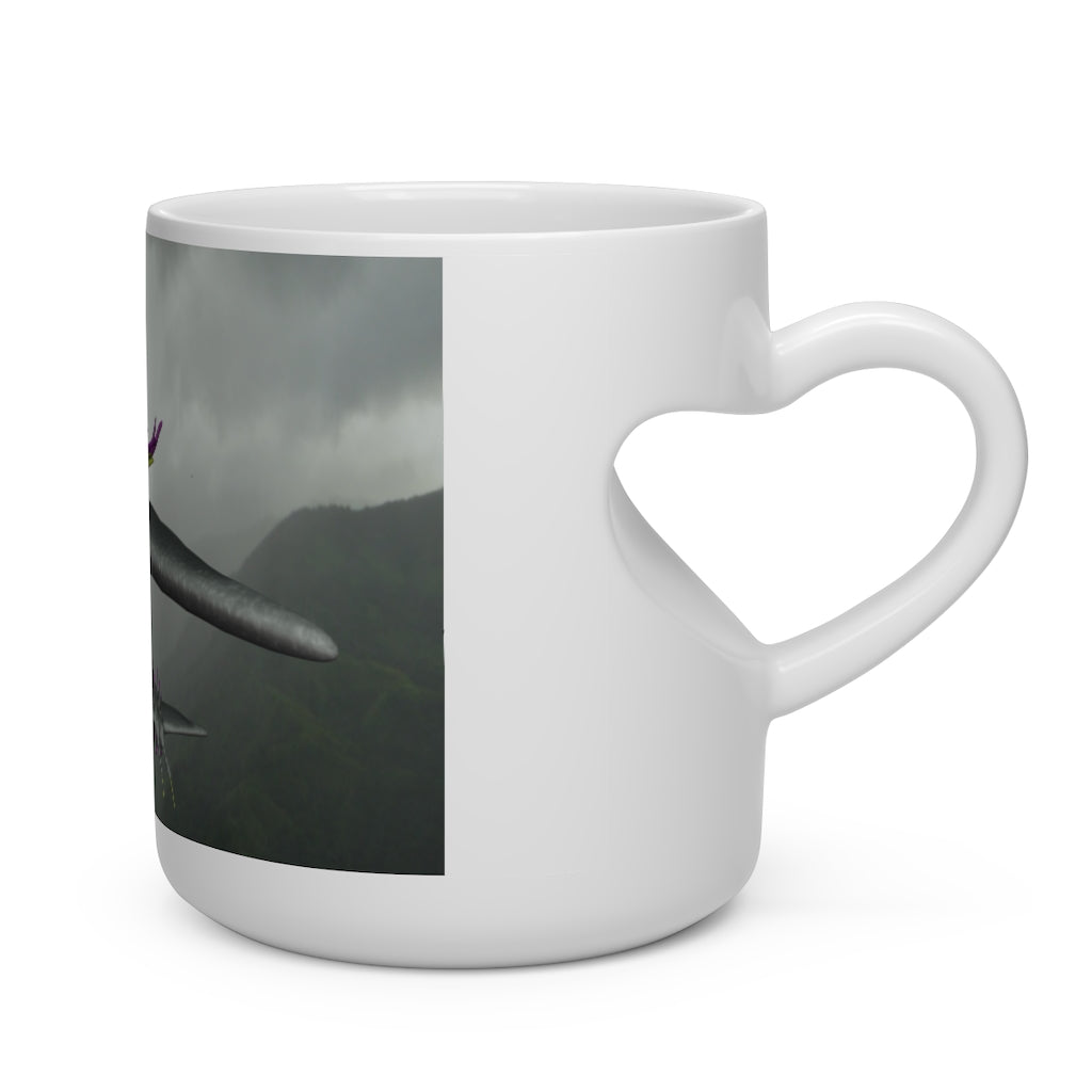 Alpha Creature Heart Shape Mug, white ceramic, 11oz capacity with a heart-shaped handle, perfect for hot beverages.