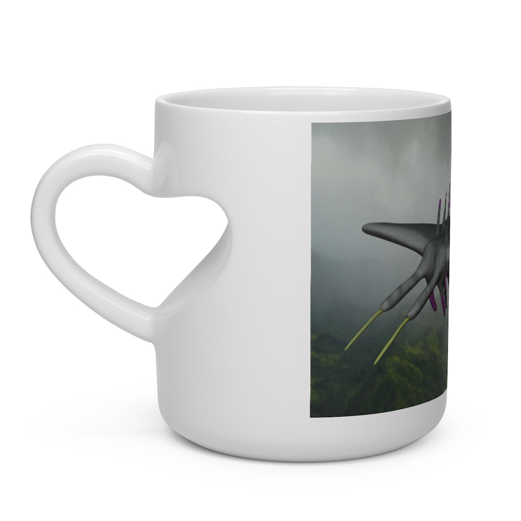 Alpha Creature Heart Shape Mug, white ceramic, 11oz capacity with a heart-shaped handle, perfect for hot beverages.