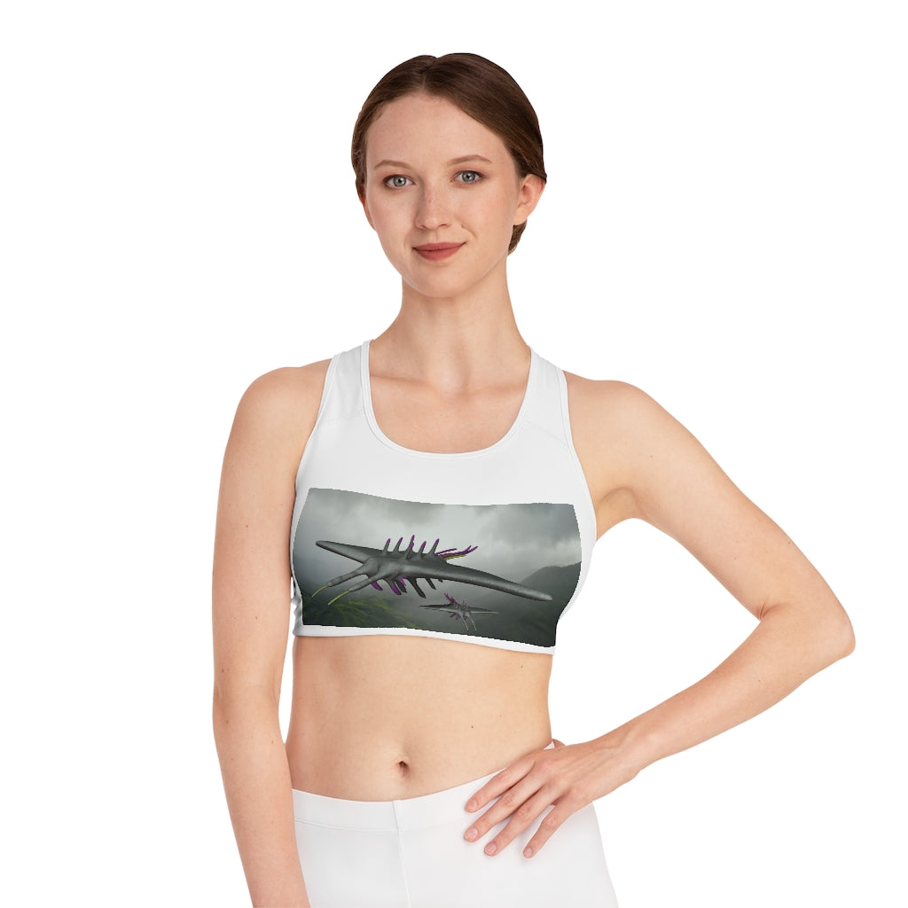 Alpha Creature Sports Bra featuring a customizable all-over print design, compression fit, and double-layer front for enhanced support and comfort.