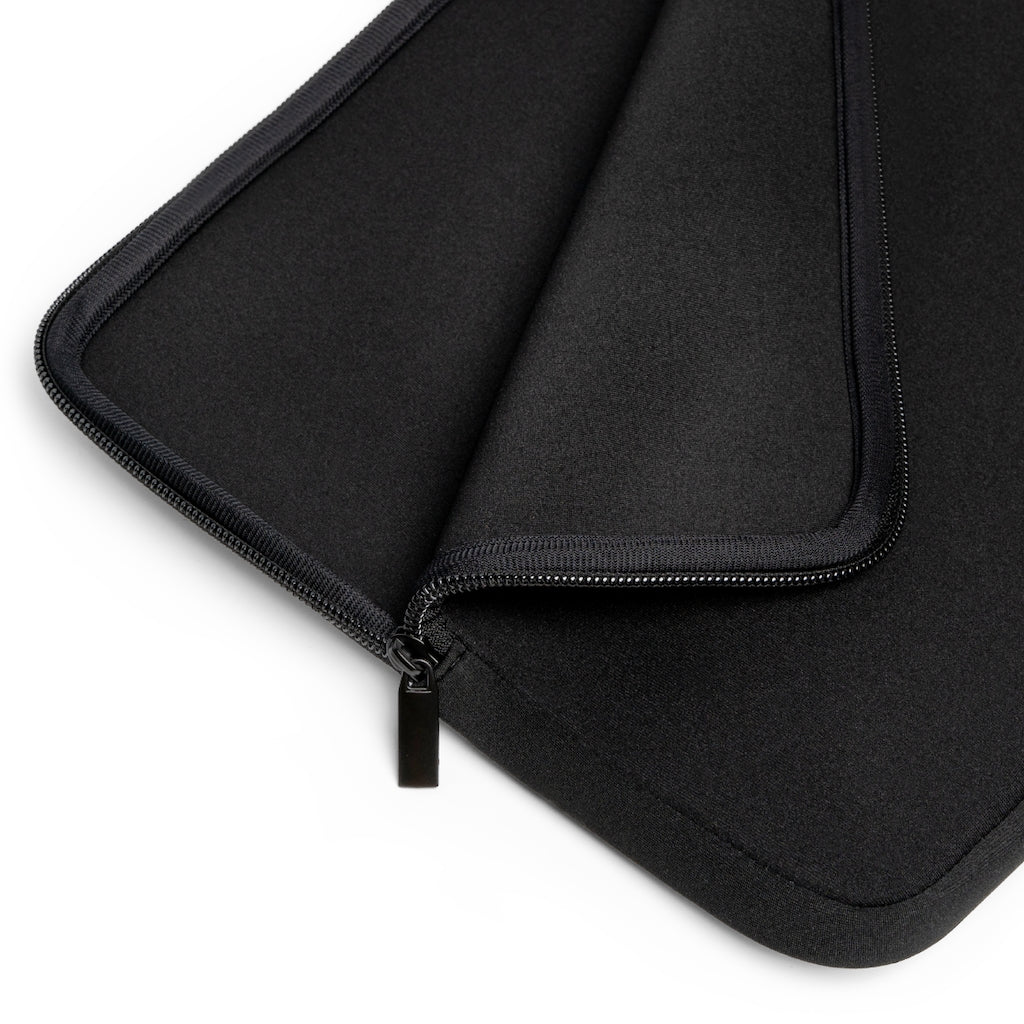 Alpro Laptop Sleeve featuring a customizable front design and black polyester back, showcasing its water-resistant and durable construction.