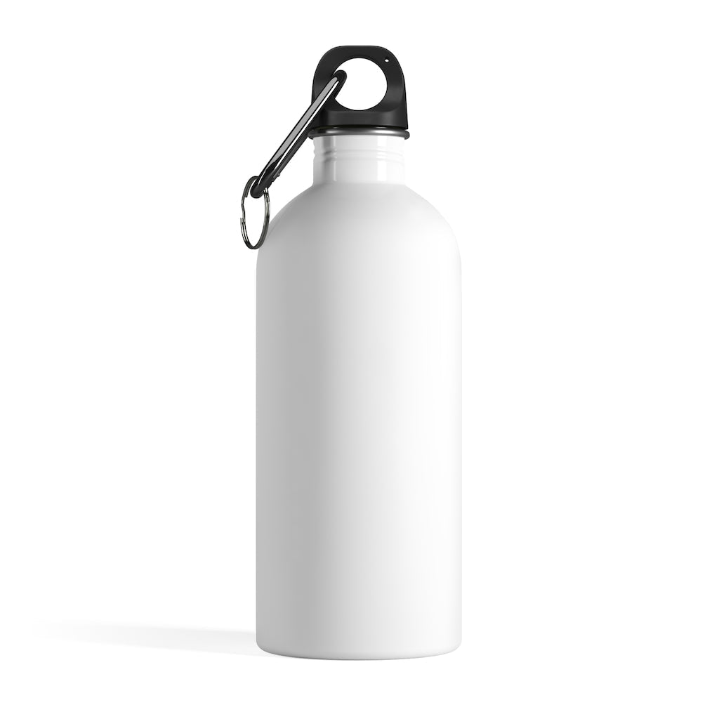 Alpro Stainless Steel Water Bottle with a plastic screw top, featuring a stylish design and a carabiner attached.