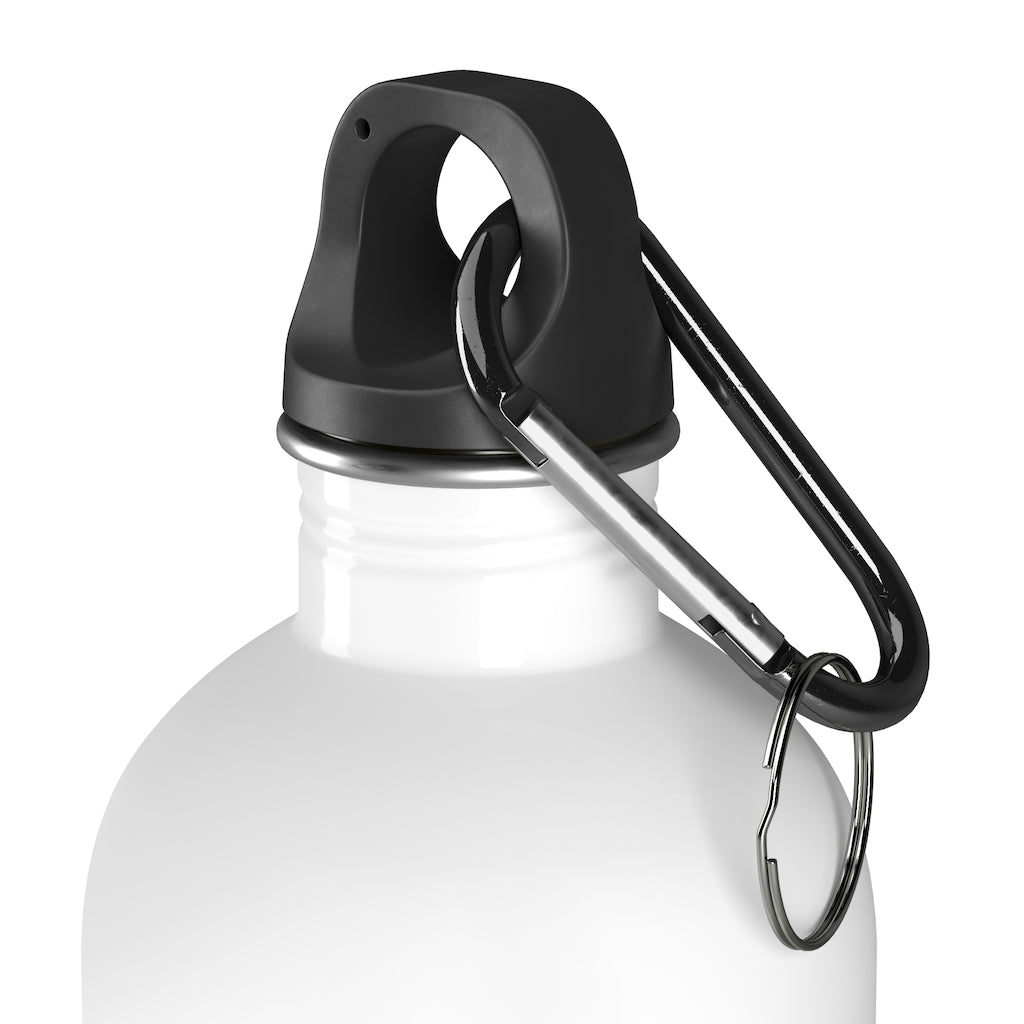 Alpro Stainless Steel Water Bottle with a plastic screw top, featuring a stylish design and a carabiner attached.