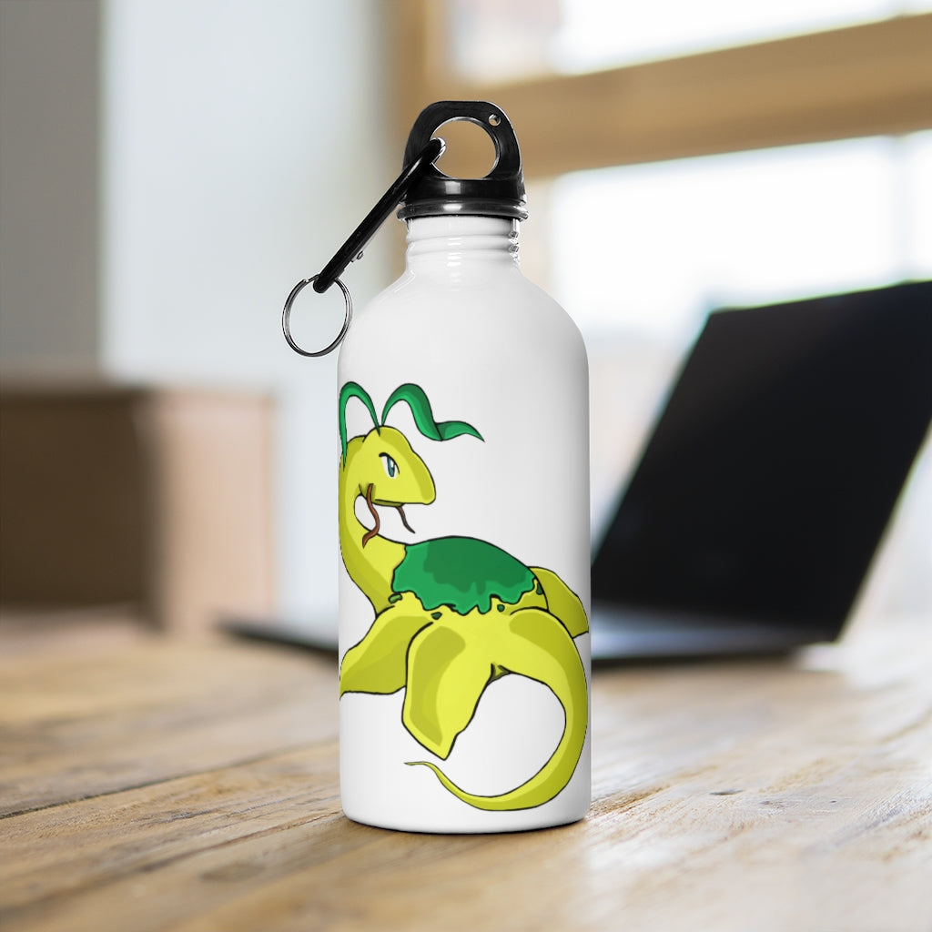 Alpro Stainless Steel Water Bottle with a plastic screw top, featuring a stylish design and a carabiner attached.