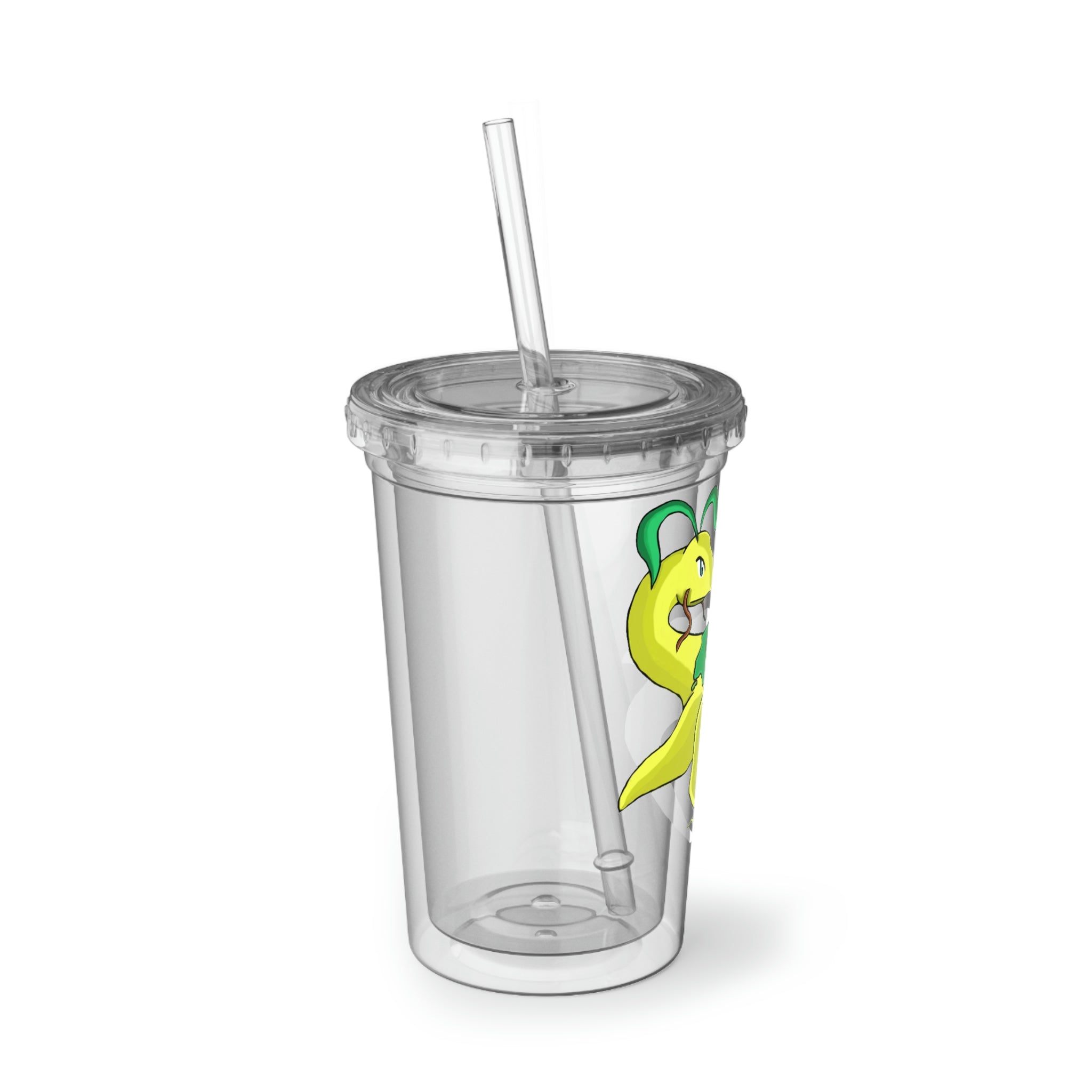 Alpro Suave Acrylic Cup in stainless steel with a black screw-on cap and plastic straw, showcasing a customizable design.