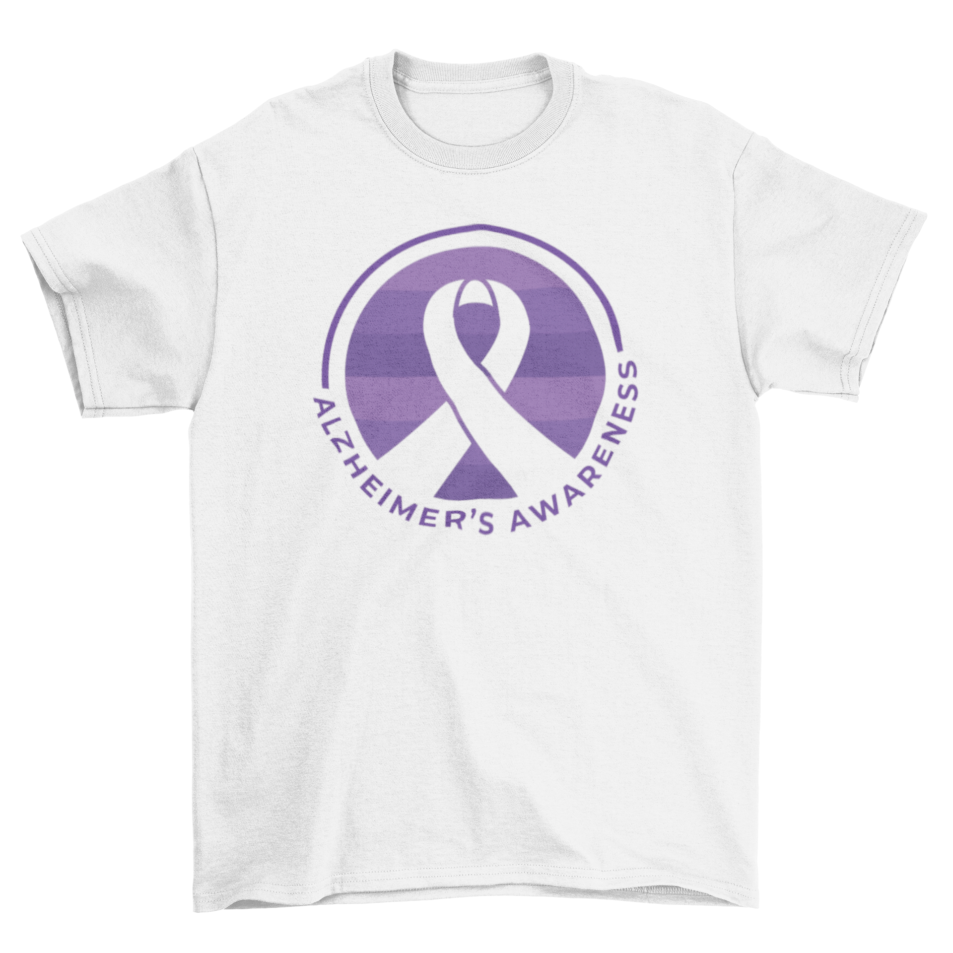 Alzheimer's awareness t-shirt featuring a purple ribbon design and the text 'Alzheimer's Awareness'.