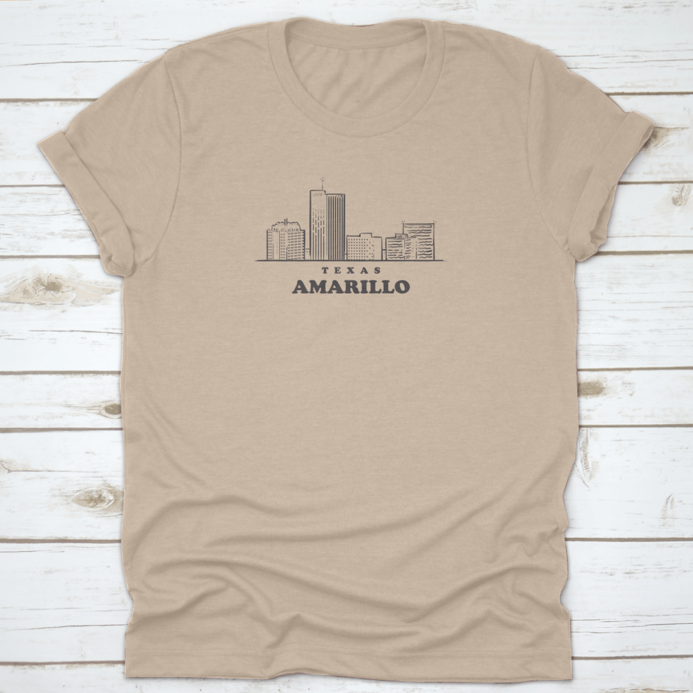 Amarillo Skyline Texas hand-drawn shirt featuring a beautiful landmark design, made from high-quality cotton for comfort.