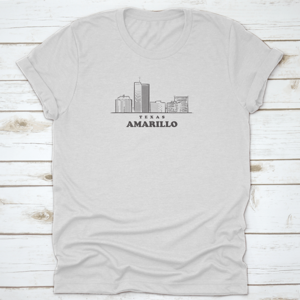 Amarillo Skyline Texas hand-drawn shirt featuring a beautiful landmark design, made from high-quality cotton for comfort.