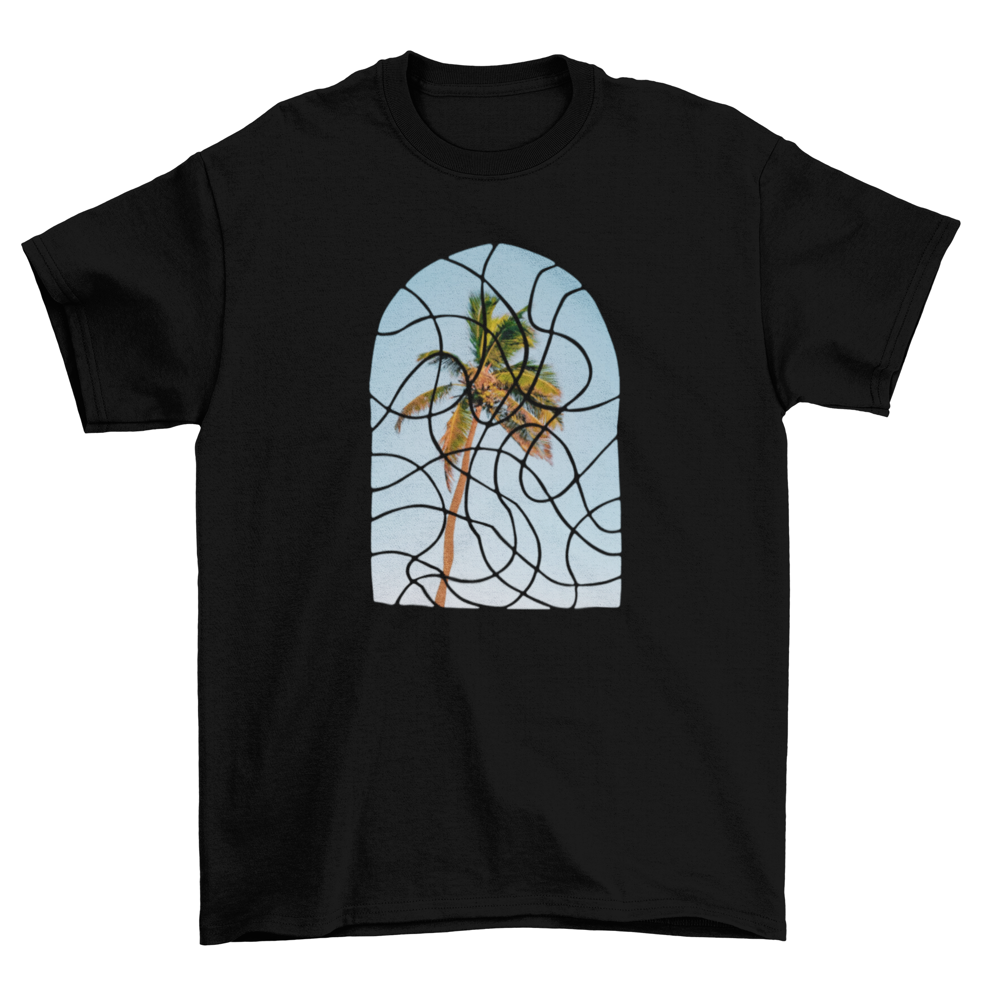 A stylish t-shirt featuring an abstract tree design with curvy effects, showcasing nature-inspired art.