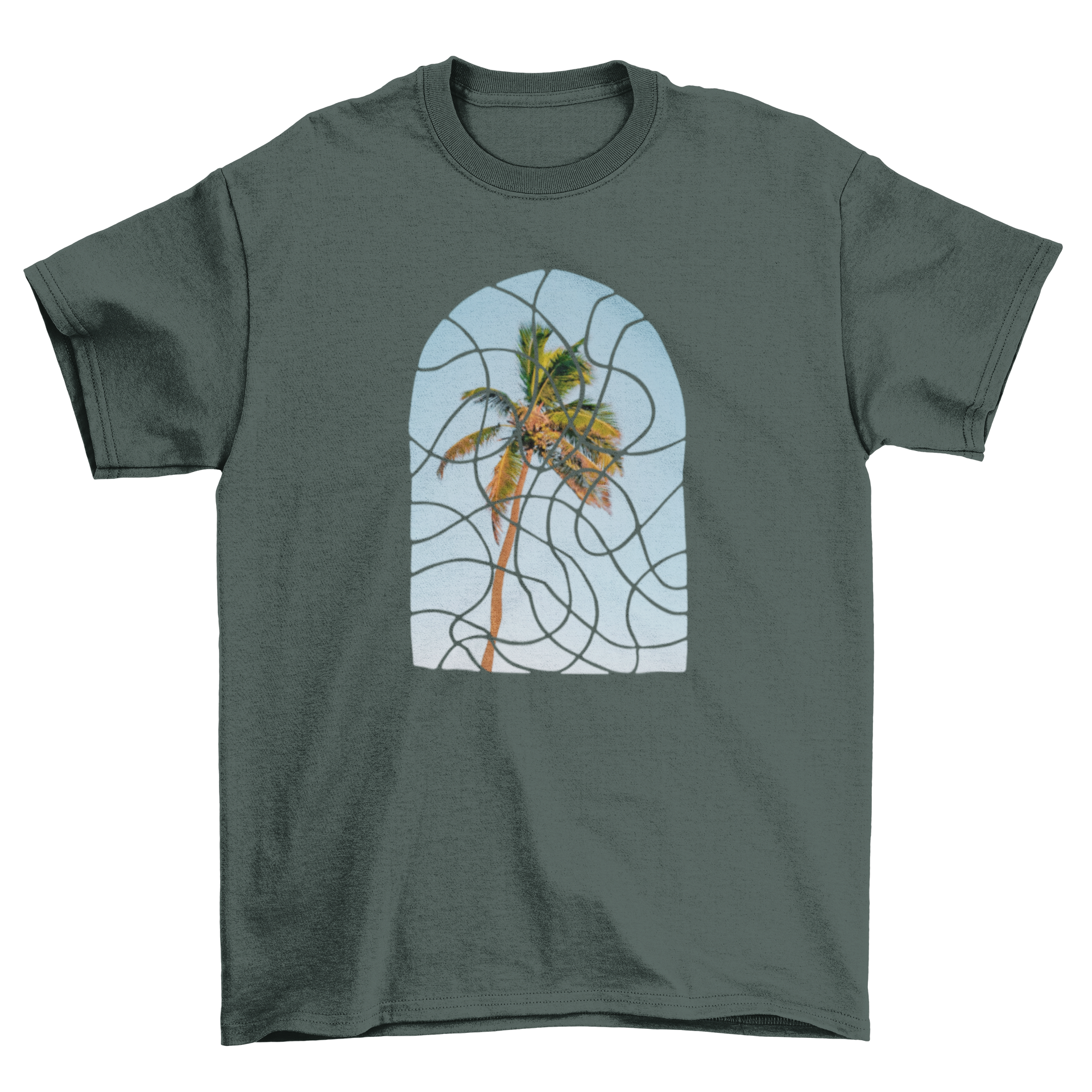 A stylish t-shirt featuring an abstract tree design with curvy effects, showcasing nature-inspired art.