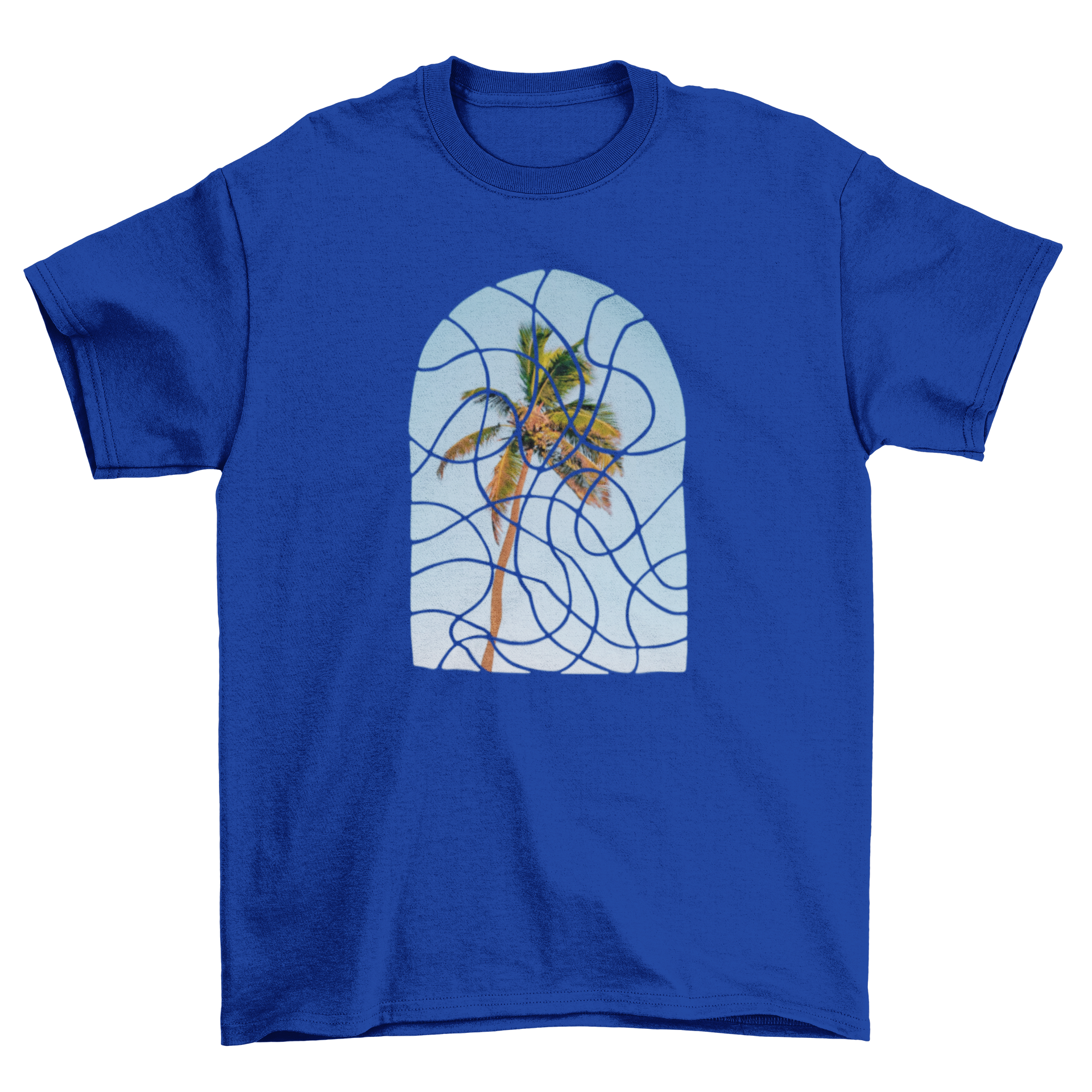 A stylish t-shirt featuring an abstract tree design with curvy effects, showcasing nature-inspired art.