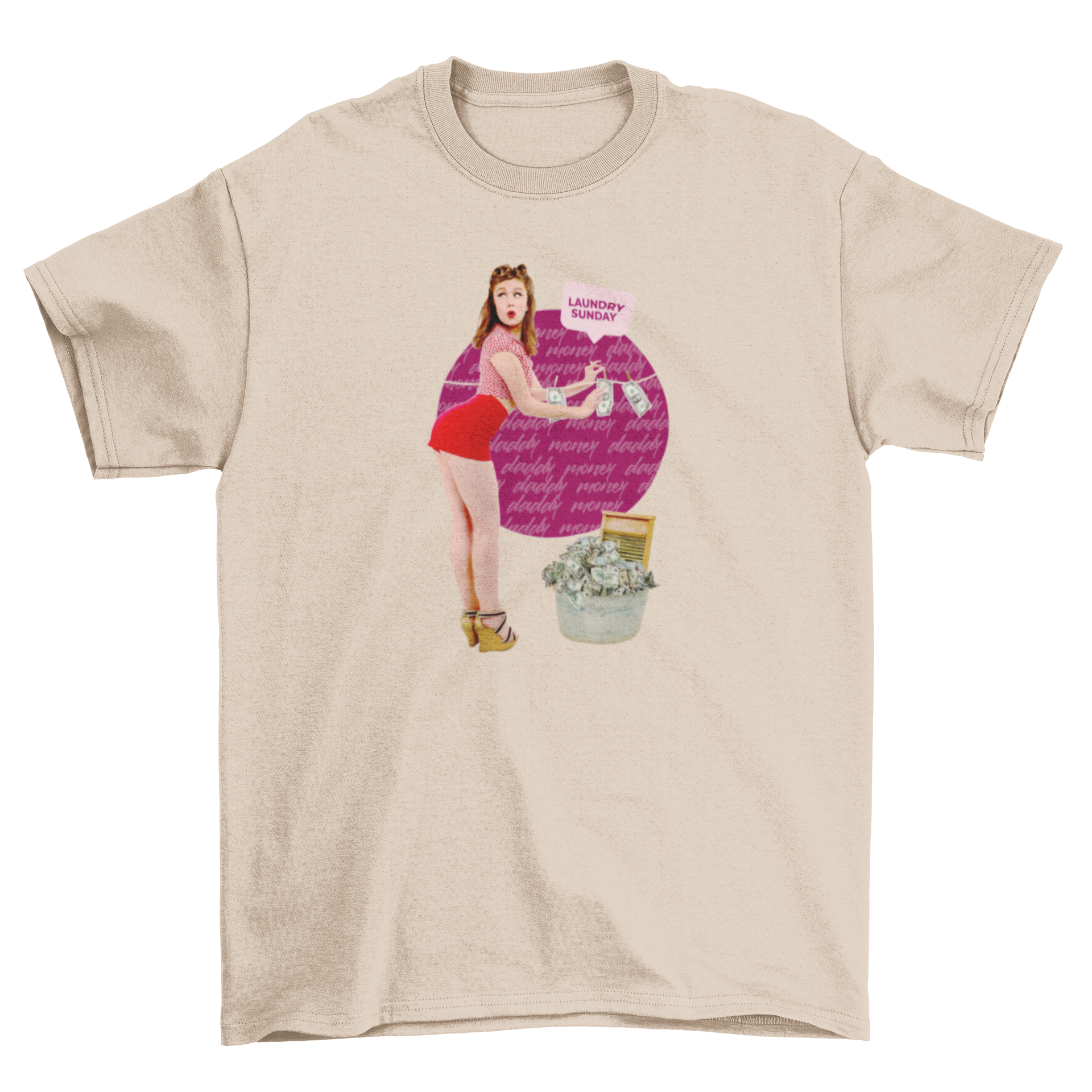 Colorful retro t-shirt featuring a pin-up girl with dollar bills and the quote 'Laundry Sunday'.