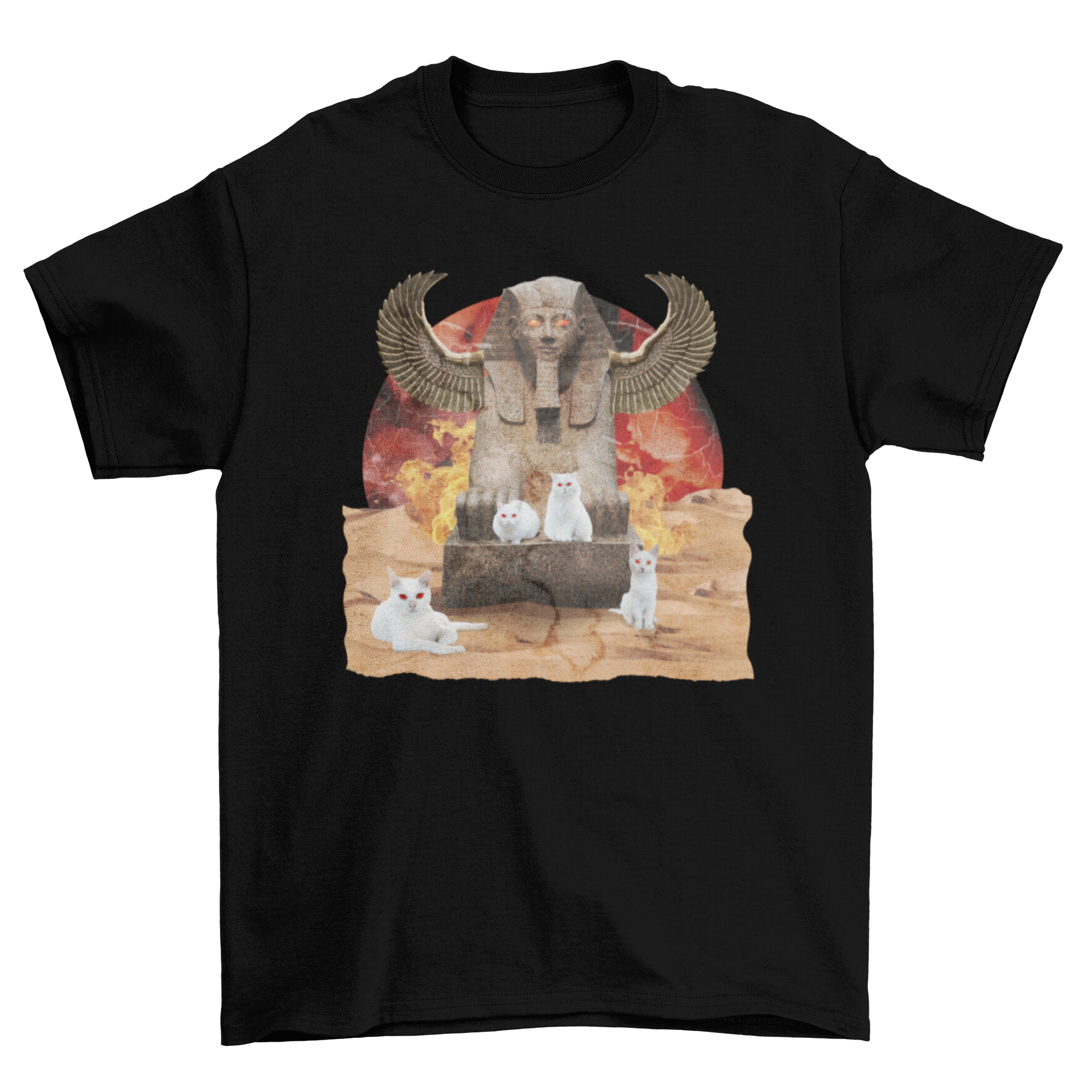 Amazing Fire Fashion Transport Cat T-shirt featuring cats over an Egyptian monument background, showcasing a vibrant and playful design.