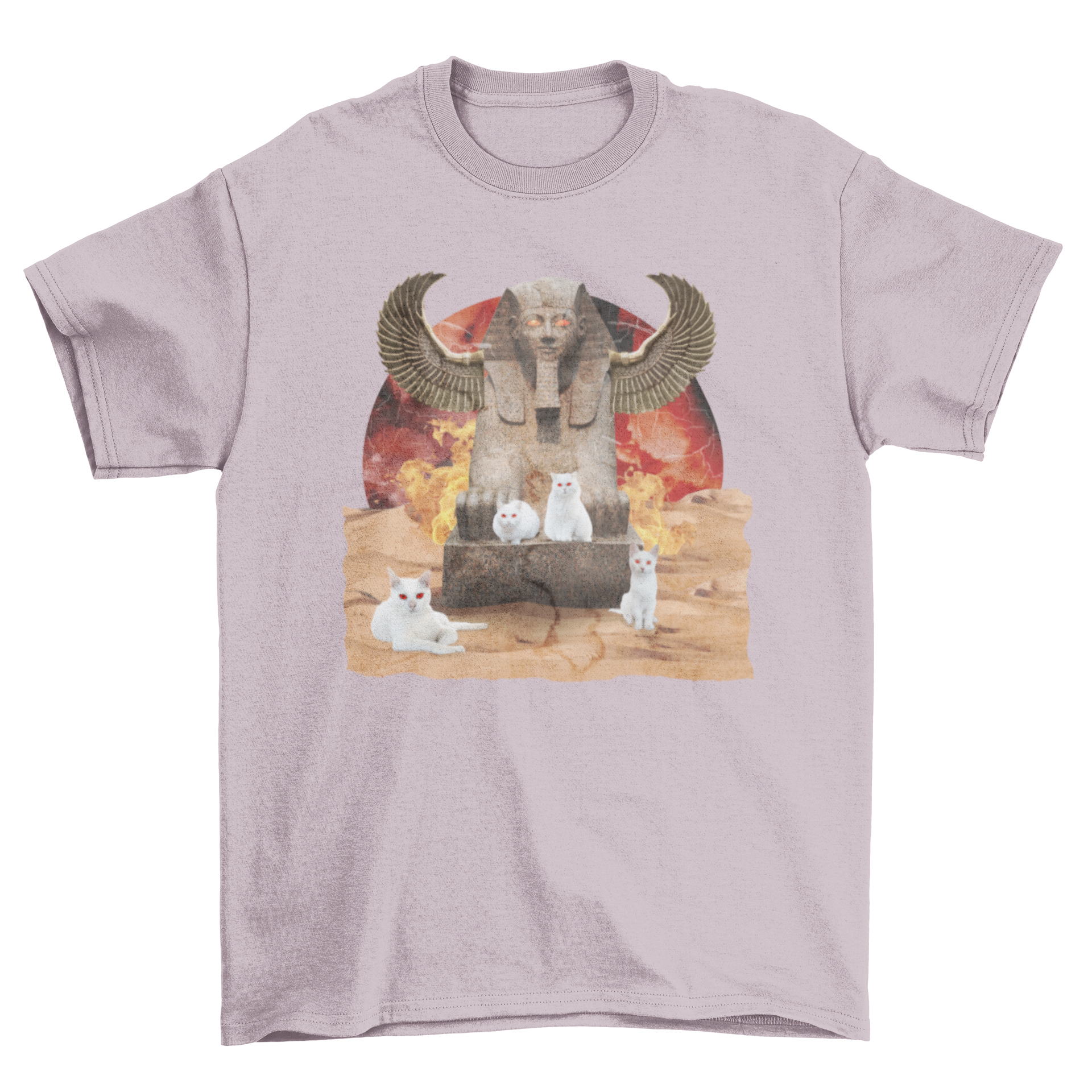 Amazing Fire Fashion Transport Cat T-shirt featuring cats over an Egyptian monument background, showcasing a vibrant and playful design.