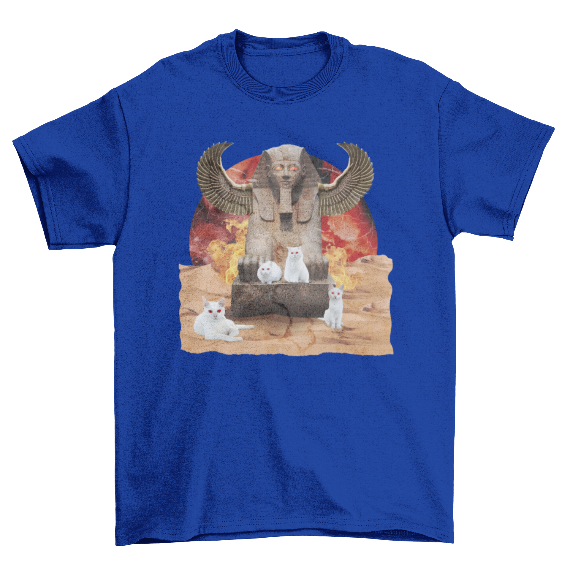 Amazing Fire Fashion Transport Cat T-shirt featuring cats over an Egyptian monument background, showcasing a vibrant and playful design.