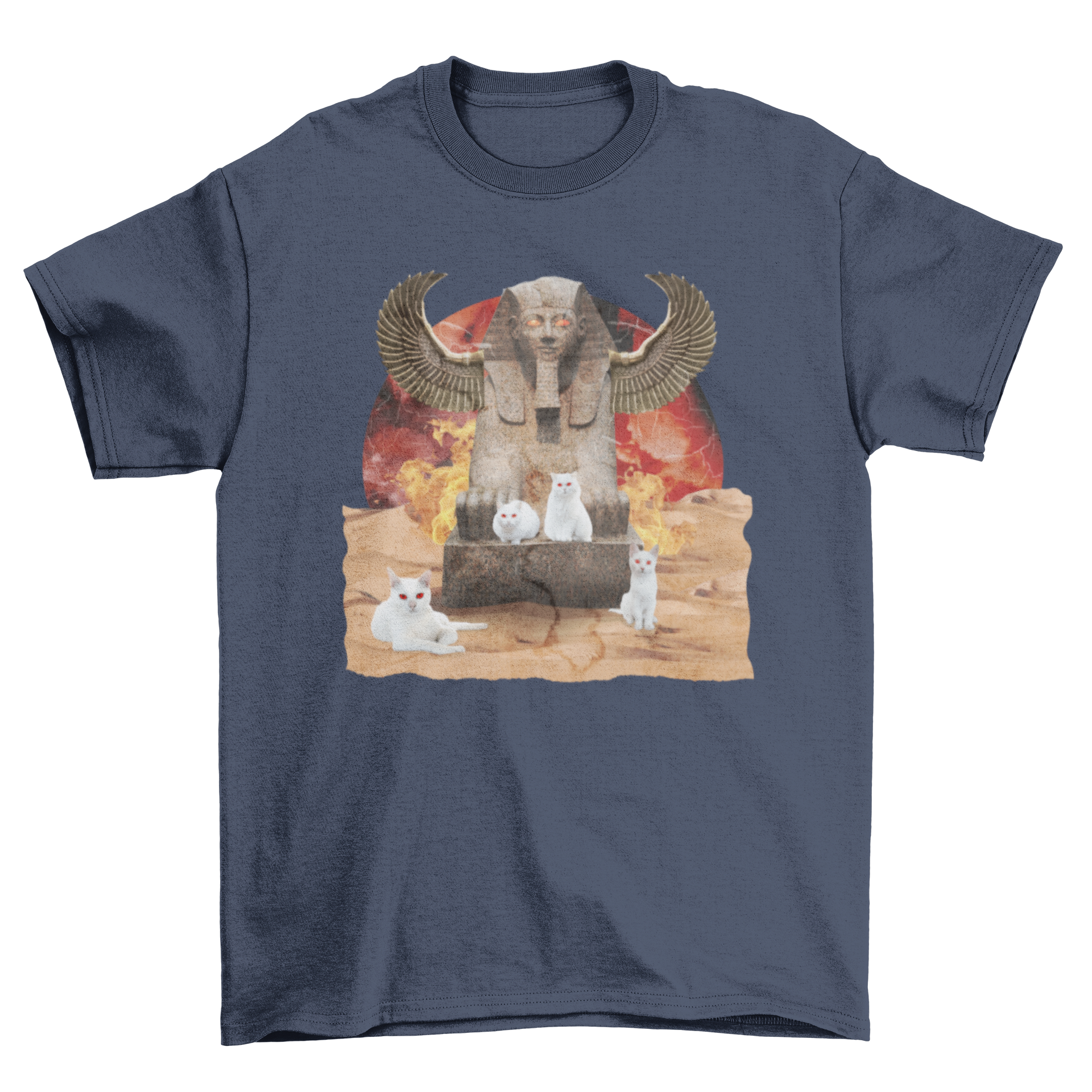 Amazing Fire Fashion Transport Cat T-shirt featuring cats over an Egyptian monument background, showcasing a vibrant and playful design.