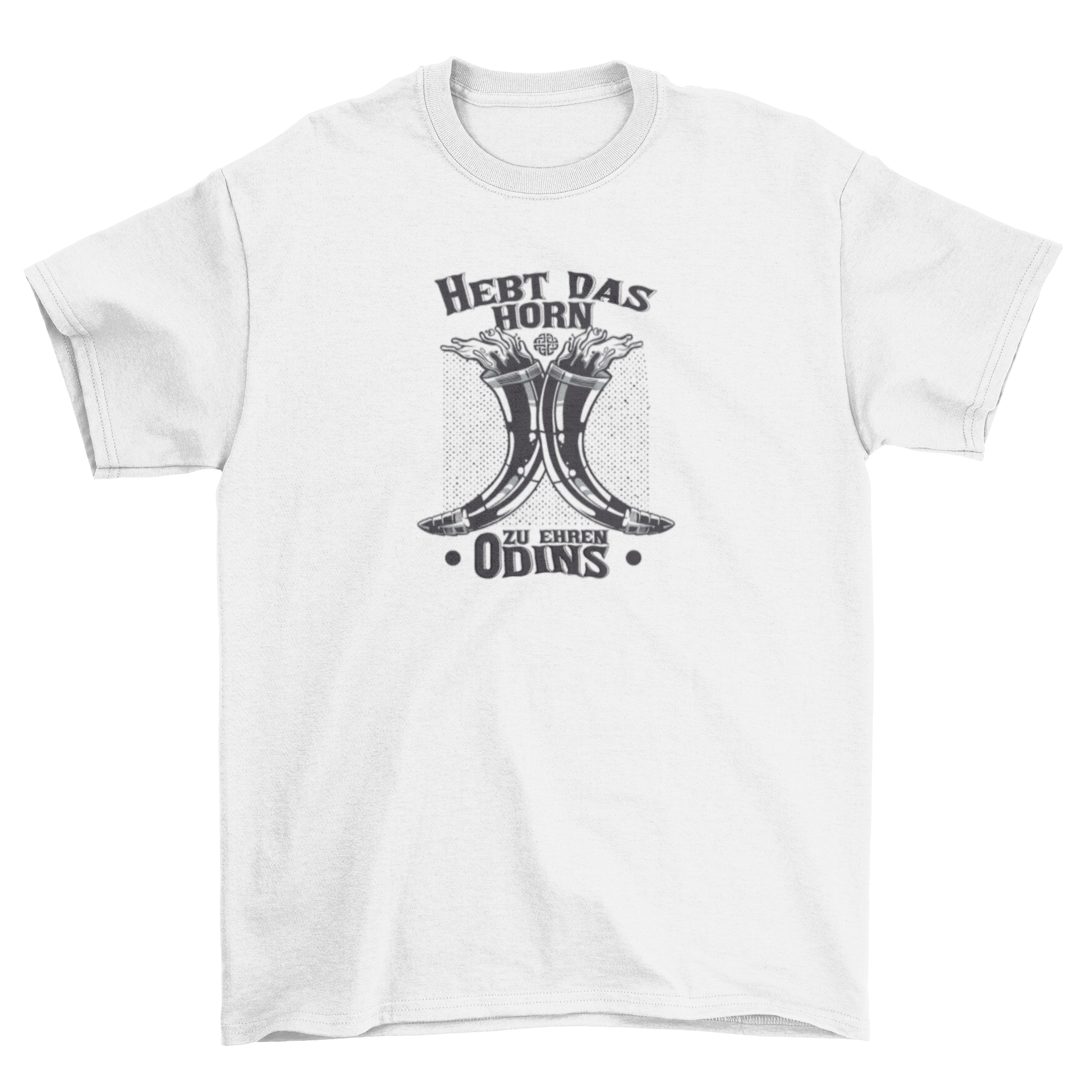 A stylish t-shirt featuring two horns raised in a toast with the German quote 'Raise the horn to honor Odin' printed on it.