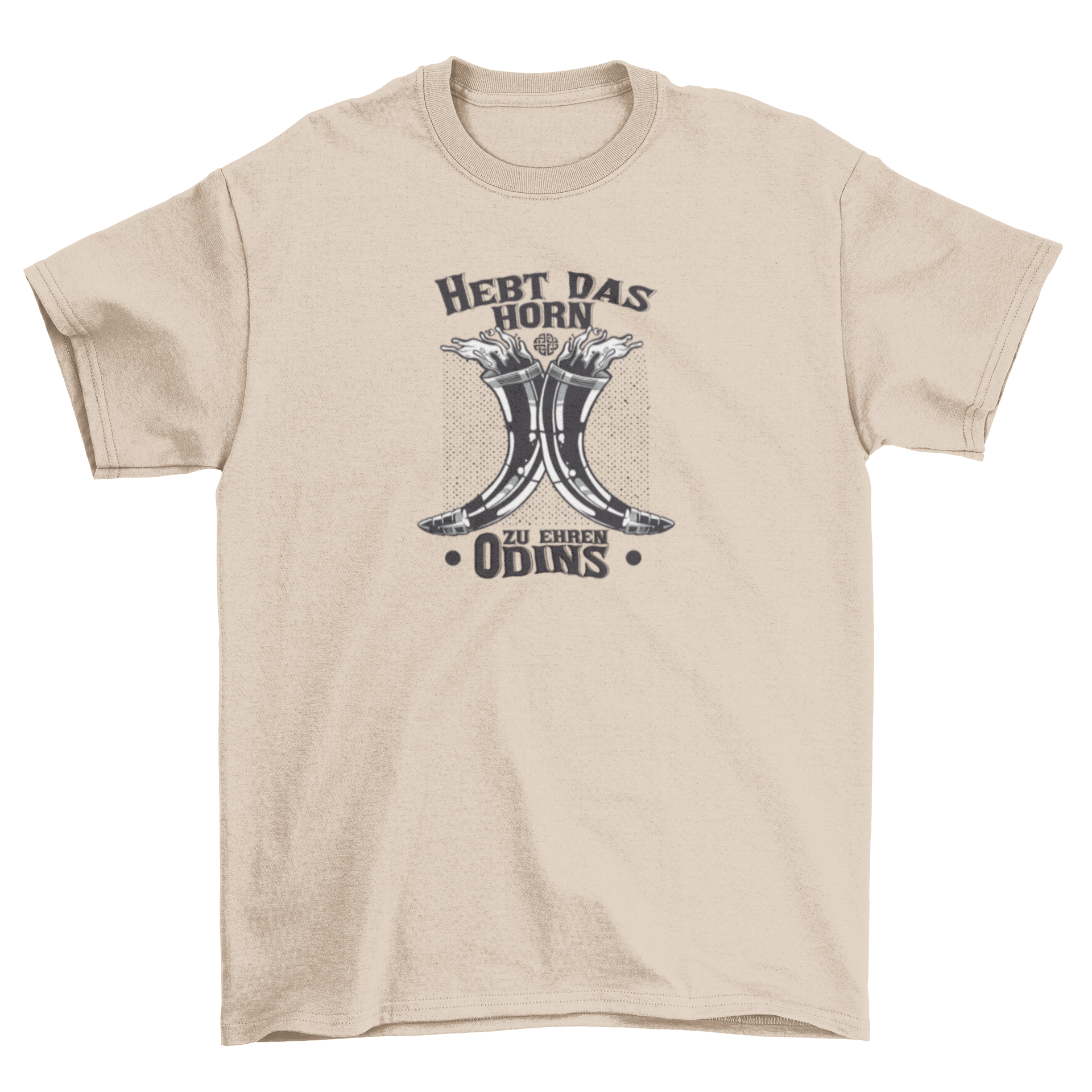 A stylish t-shirt featuring two horns raised in a toast with the German quote 'Raise the horn to honor Odin' printed on it.