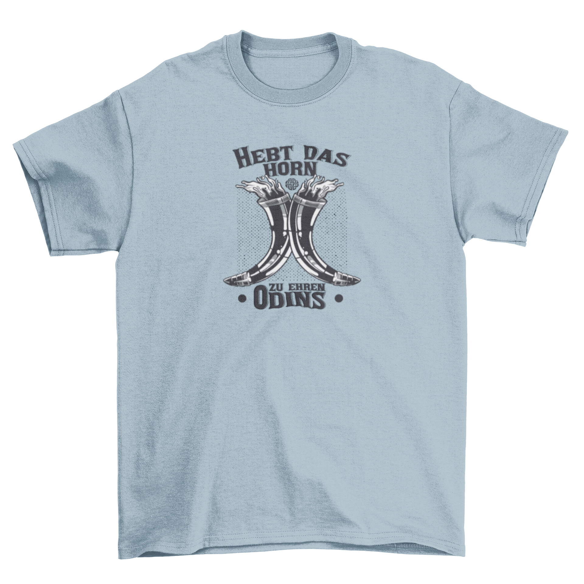 A stylish t-shirt featuring two horns raised in a toast with the German quote 'Raise the horn to honor Odin' printed on it.