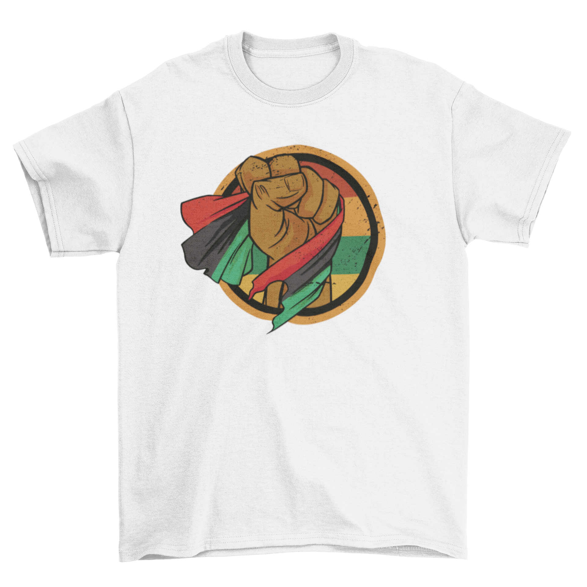 A vibrant t-shirt featuring a fist holding the African flag, symbolizing strength and unity.