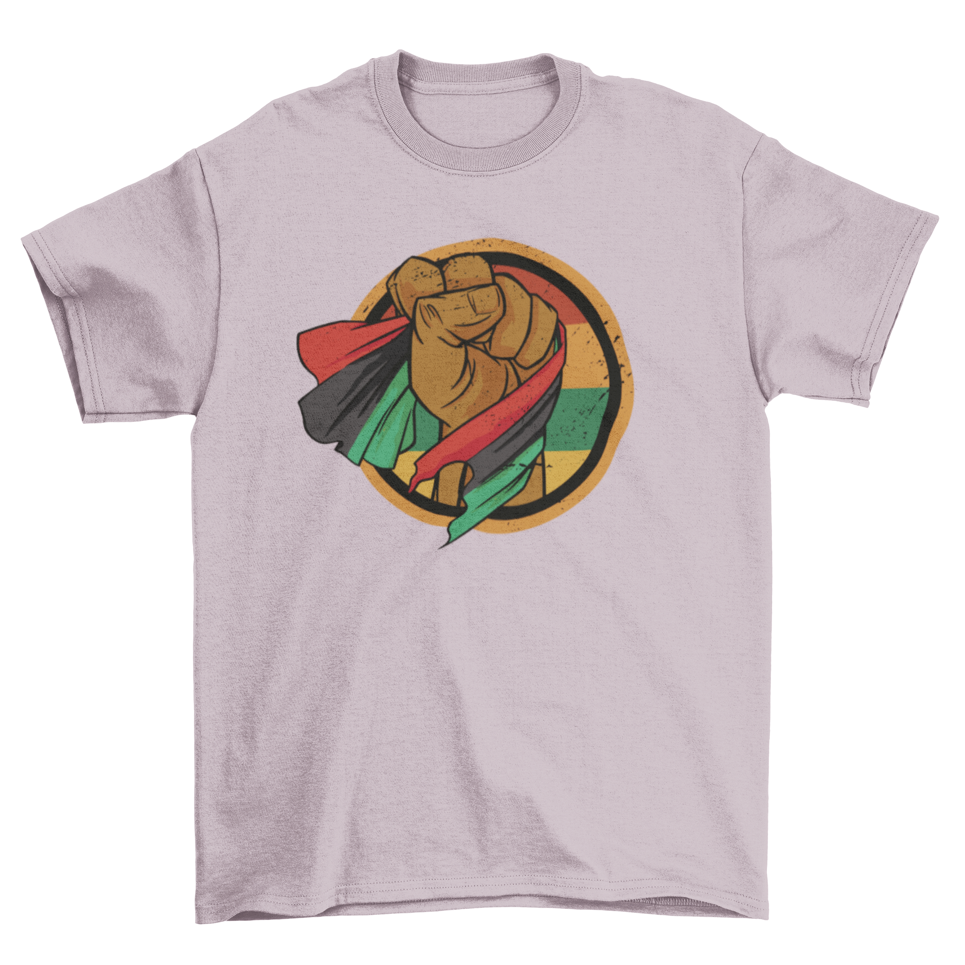 A vibrant t-shirt featuring a fist holding the African flag, symbolizing strength and unity.