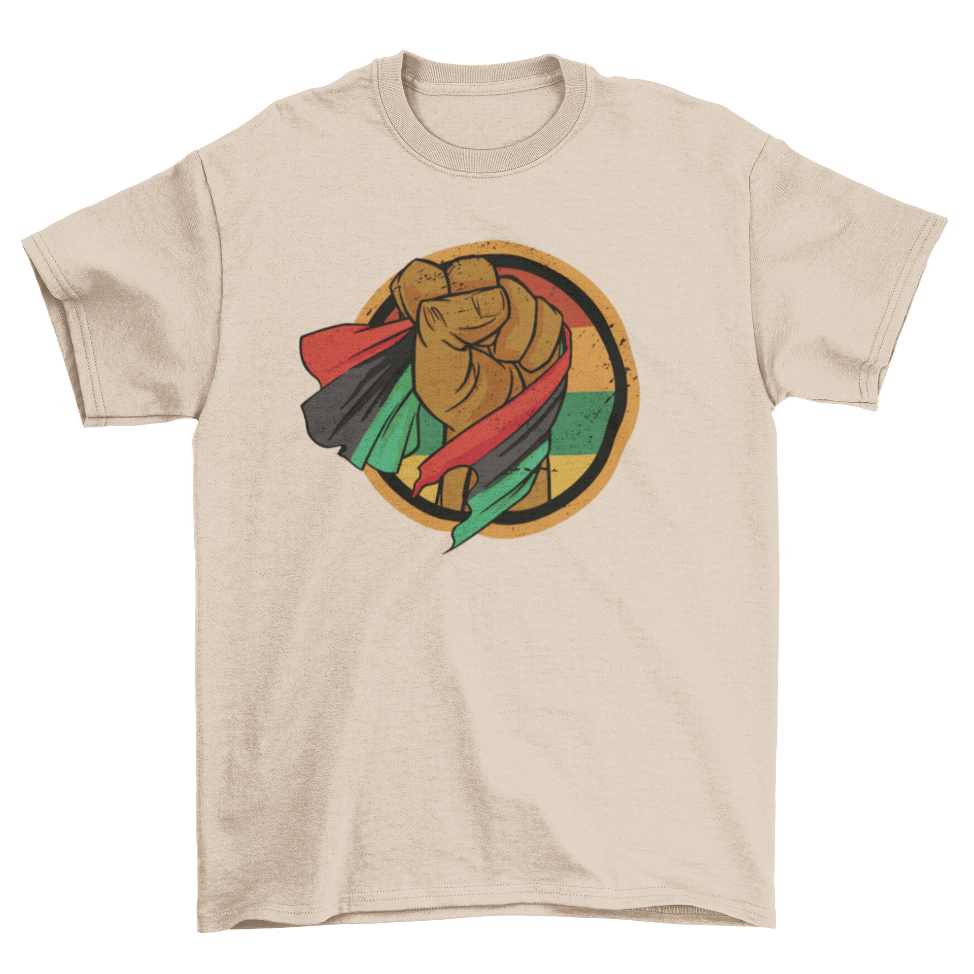 A vibrant t-shirt featuring a fist holding the African flag, symbolizing strength and unity.