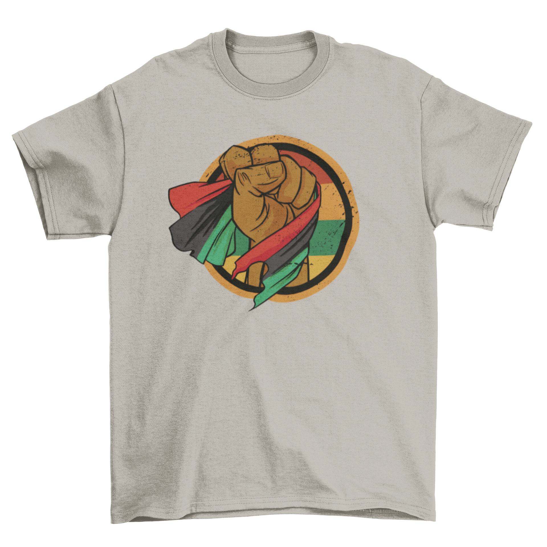 A vibrant t-shirt featuring a fist holding the African flag, symbolizing strength and unity.