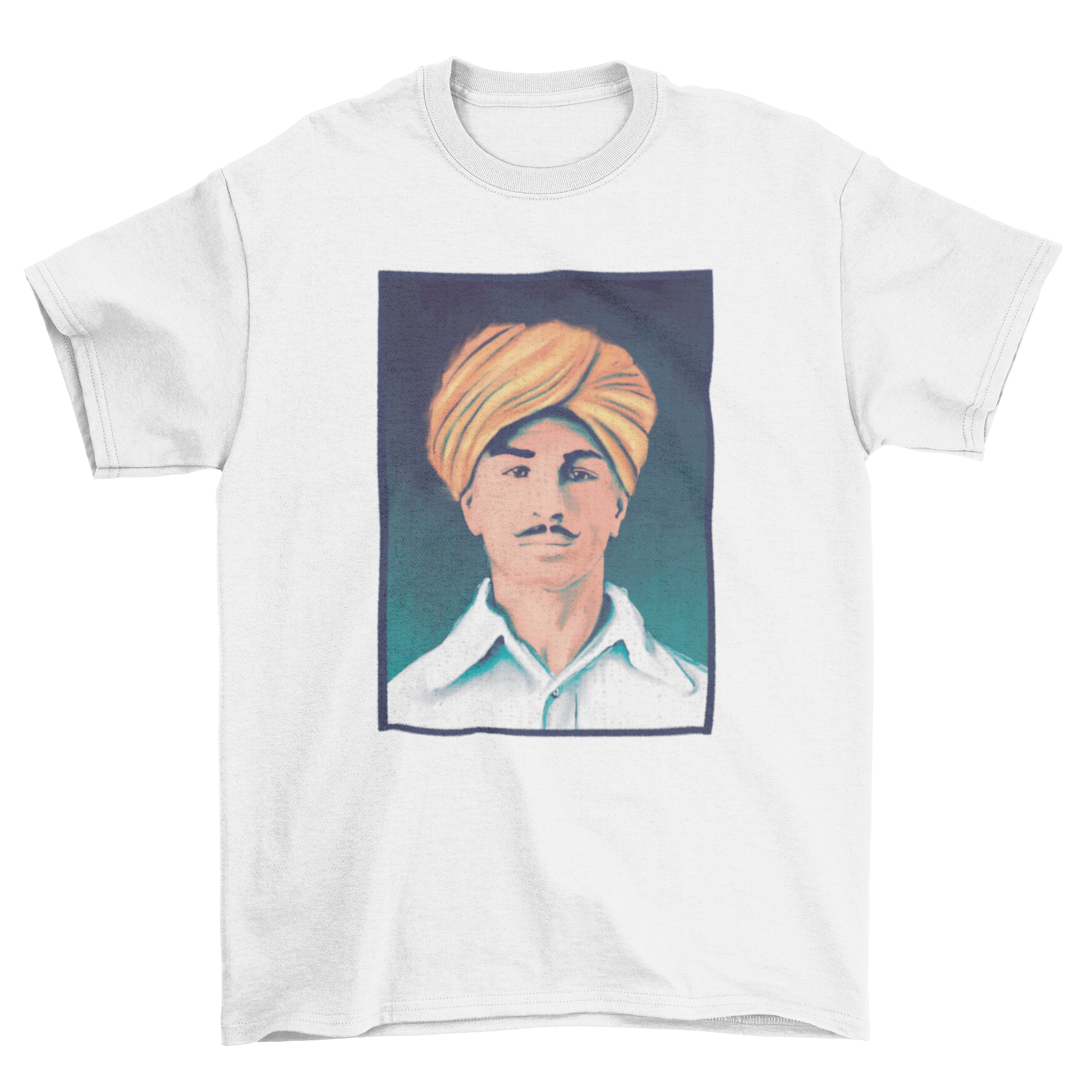 A stylish t-shirt featuring a vibrant portrait of Indian revolutionary Bhagat Singh, perfect for casual wear.