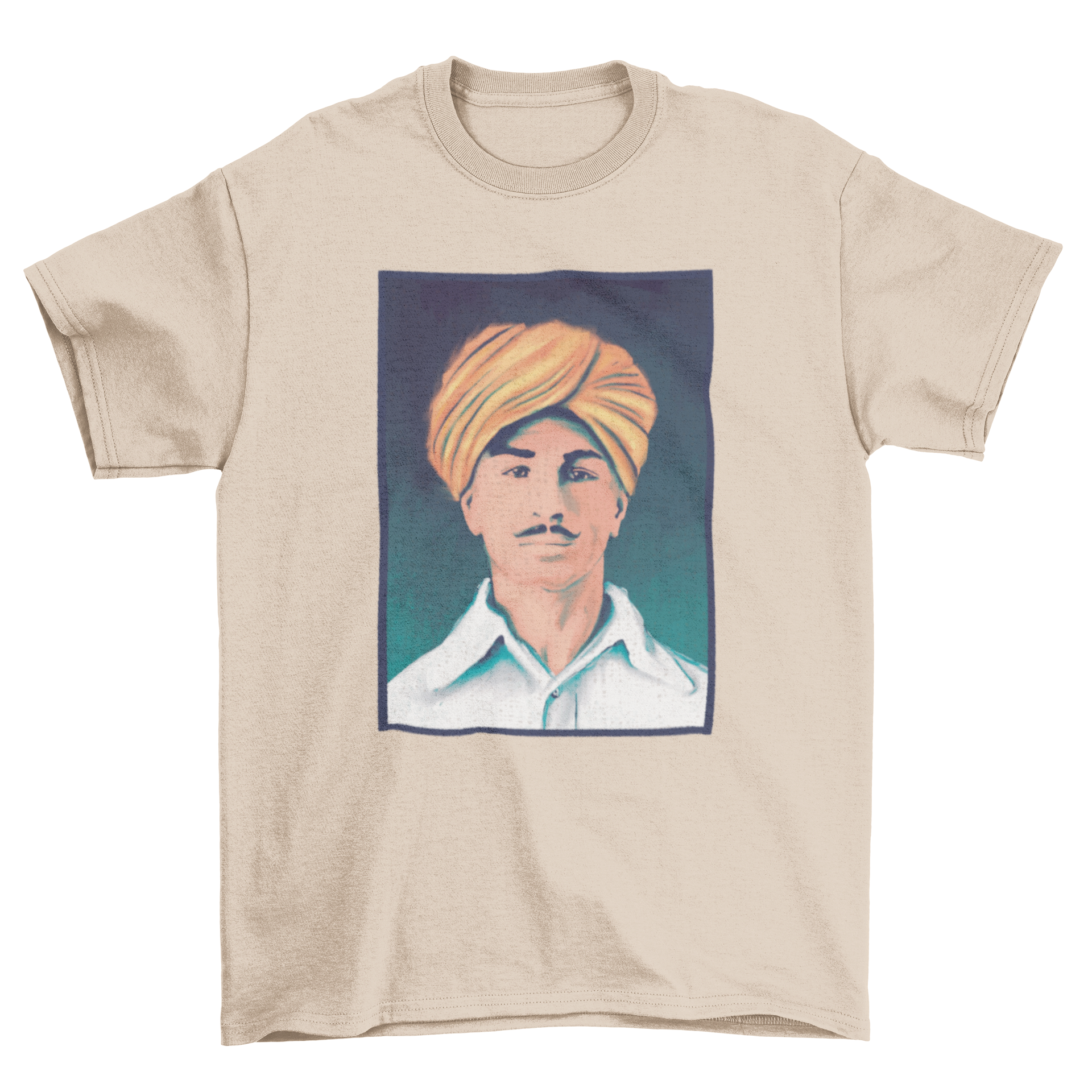 A stylish t-shirt featuring a vibrant portrait of Indian revolutionary Bhagat Singh, perfect for casual wear.